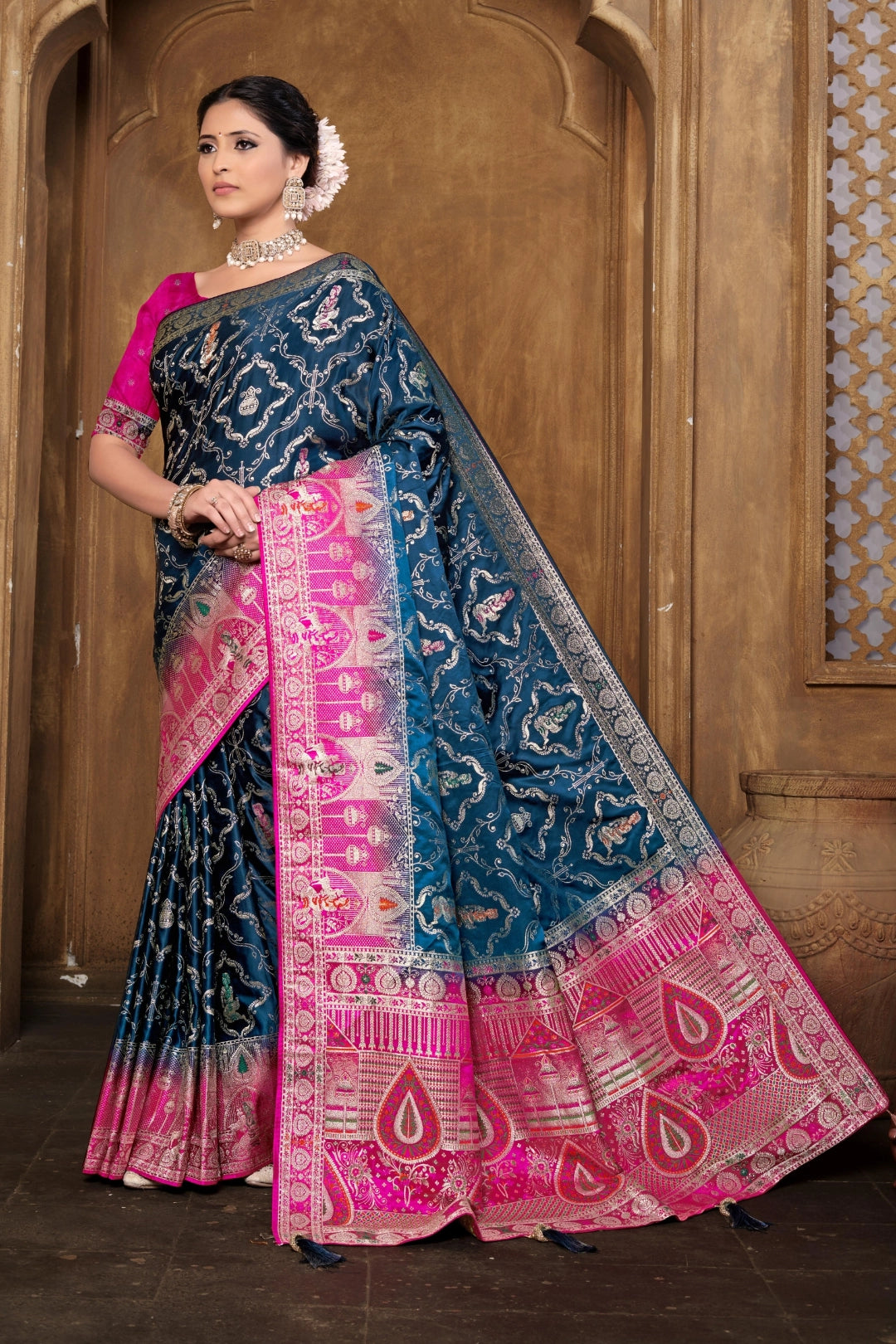 Teal Blue Banarsi Silk Satin Woven Saree