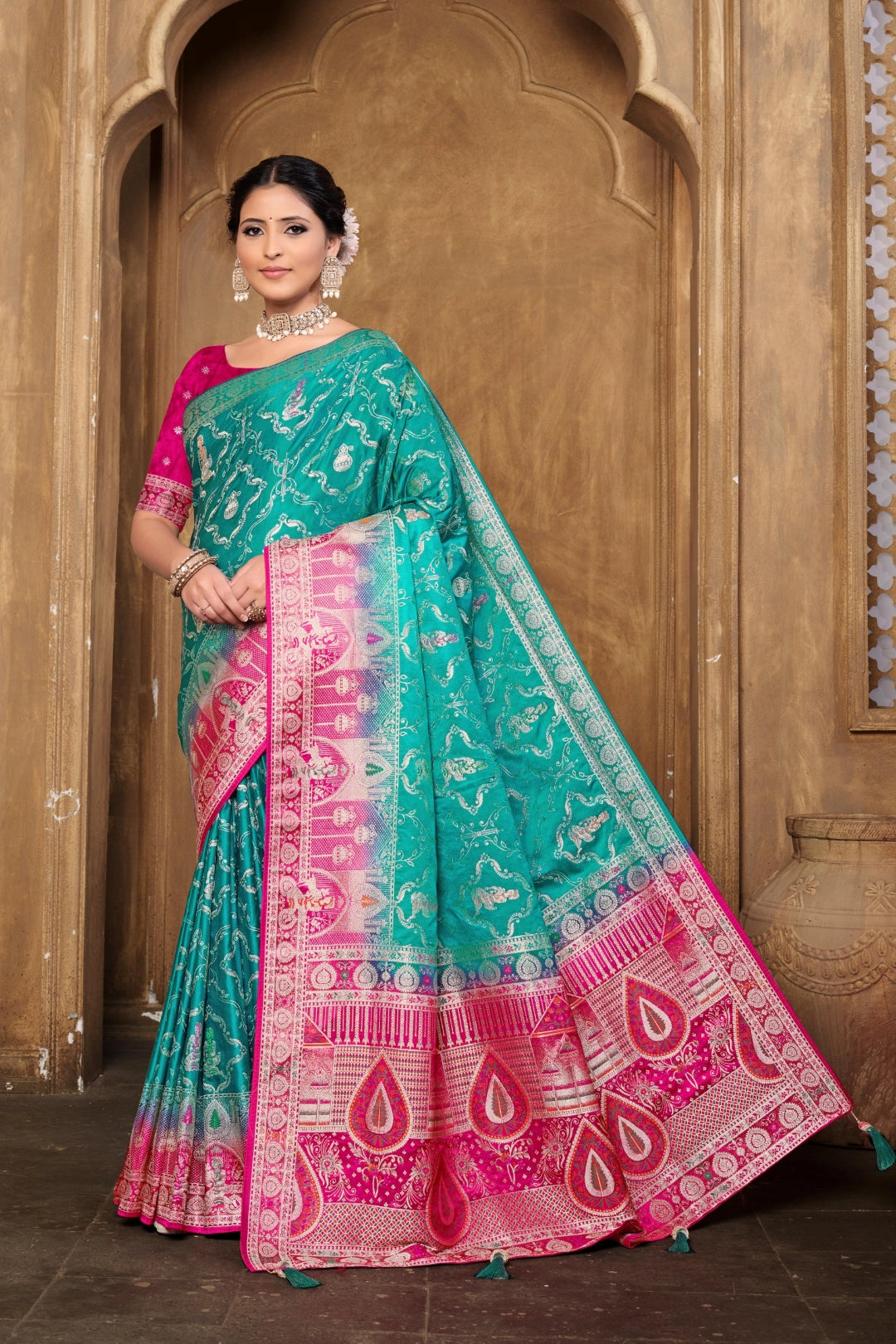 Rama Green Banarsi Silk Satin Woven Saree