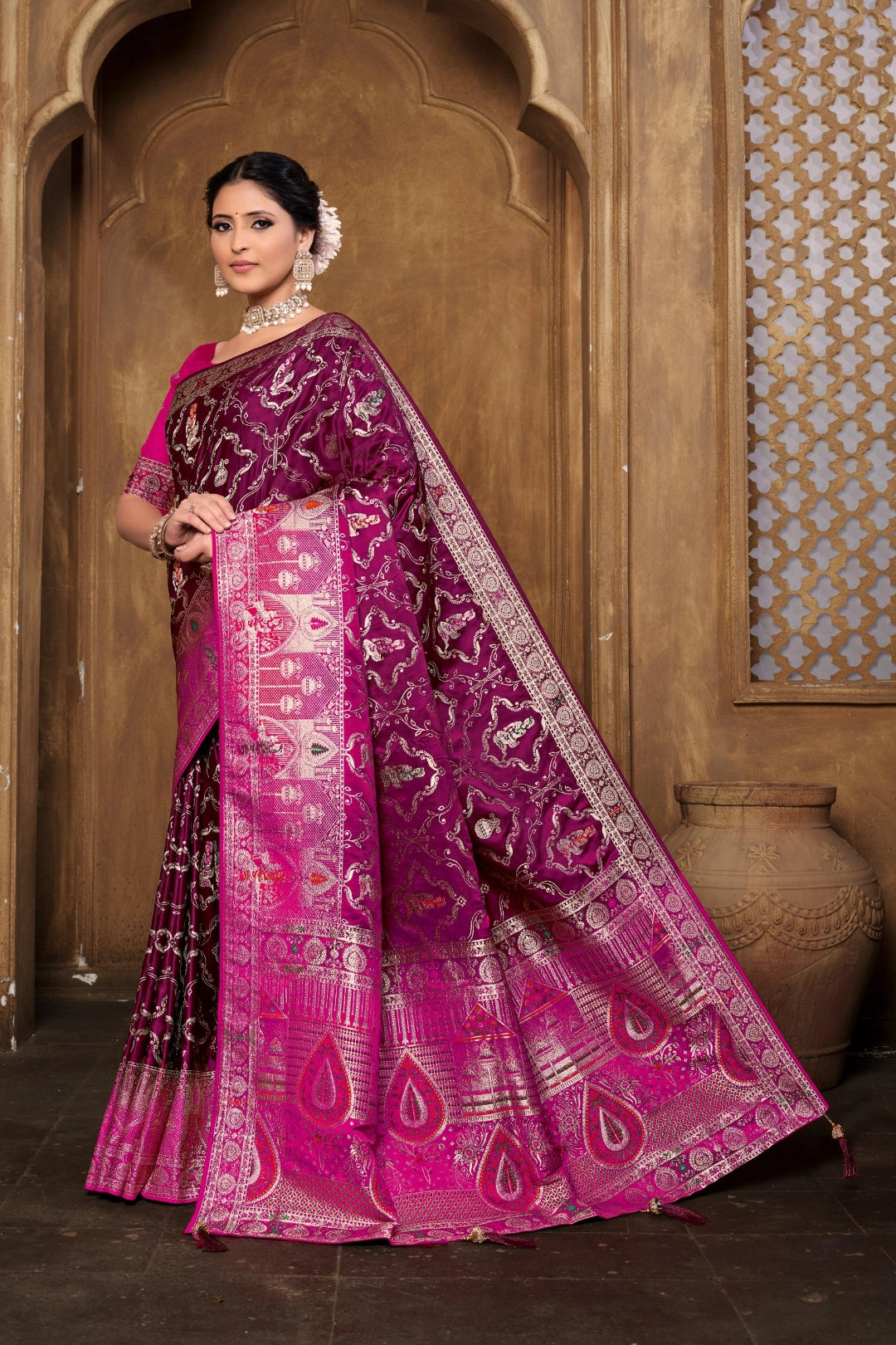 Wine Banarsi Silk Satin Woven Saree