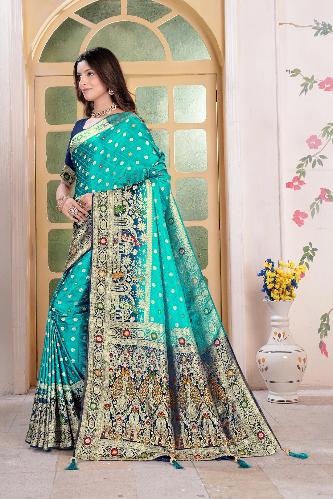 Sapphire Blue Banarsi Silk Satin Woven Saree