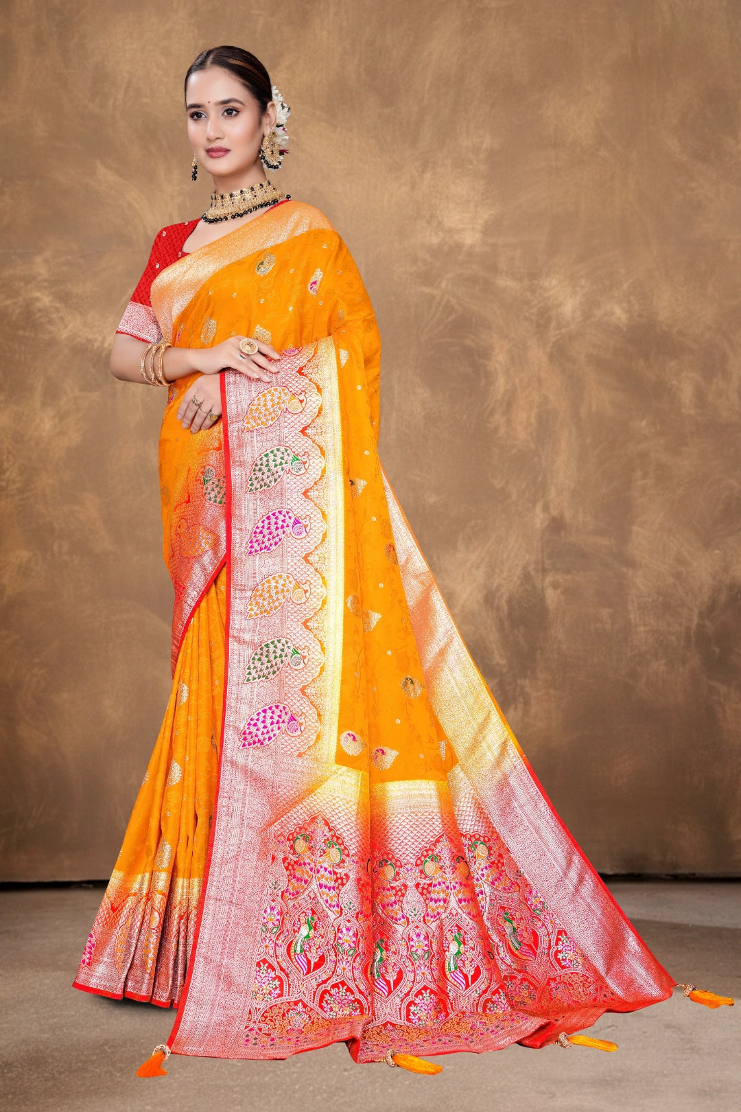 Gold Banarasi Silk Satin Woven Saree