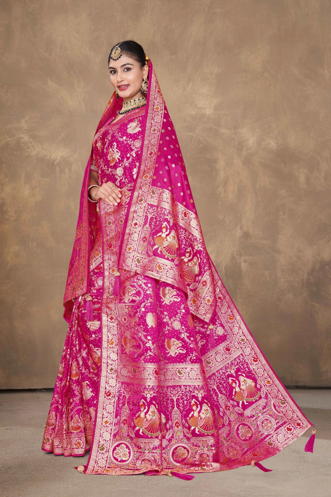 Rani Pink Royal Heritage Satin Saree with Dupatta