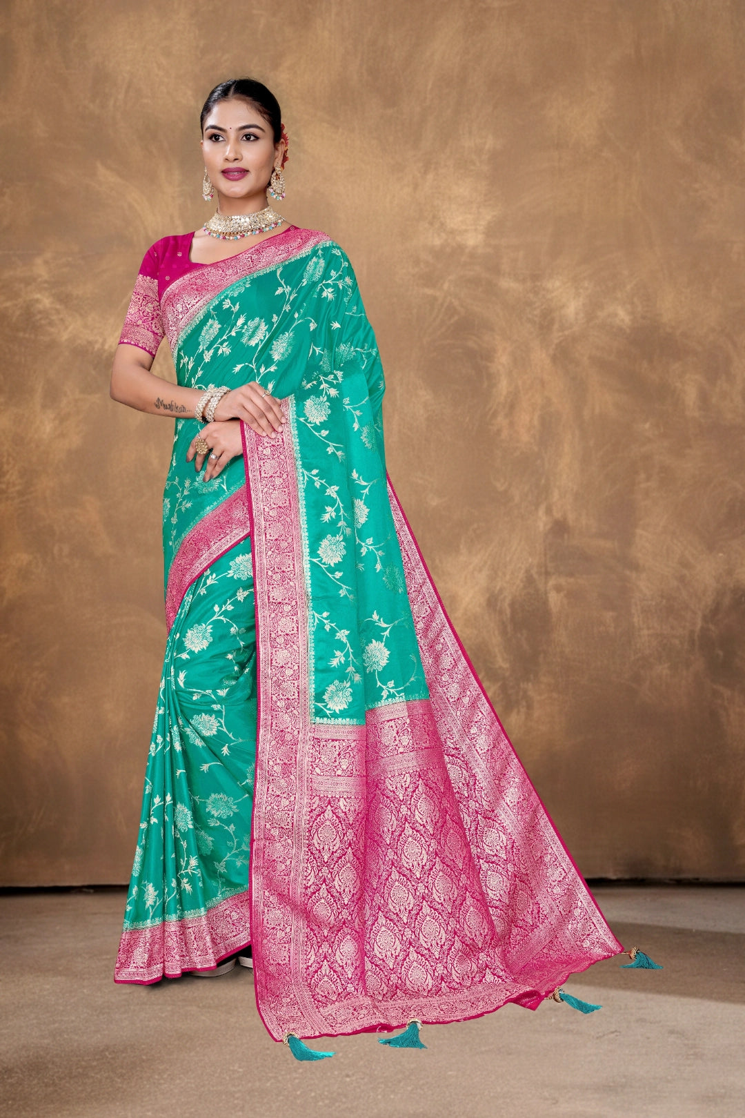 Rama Green Satin Woven Saree