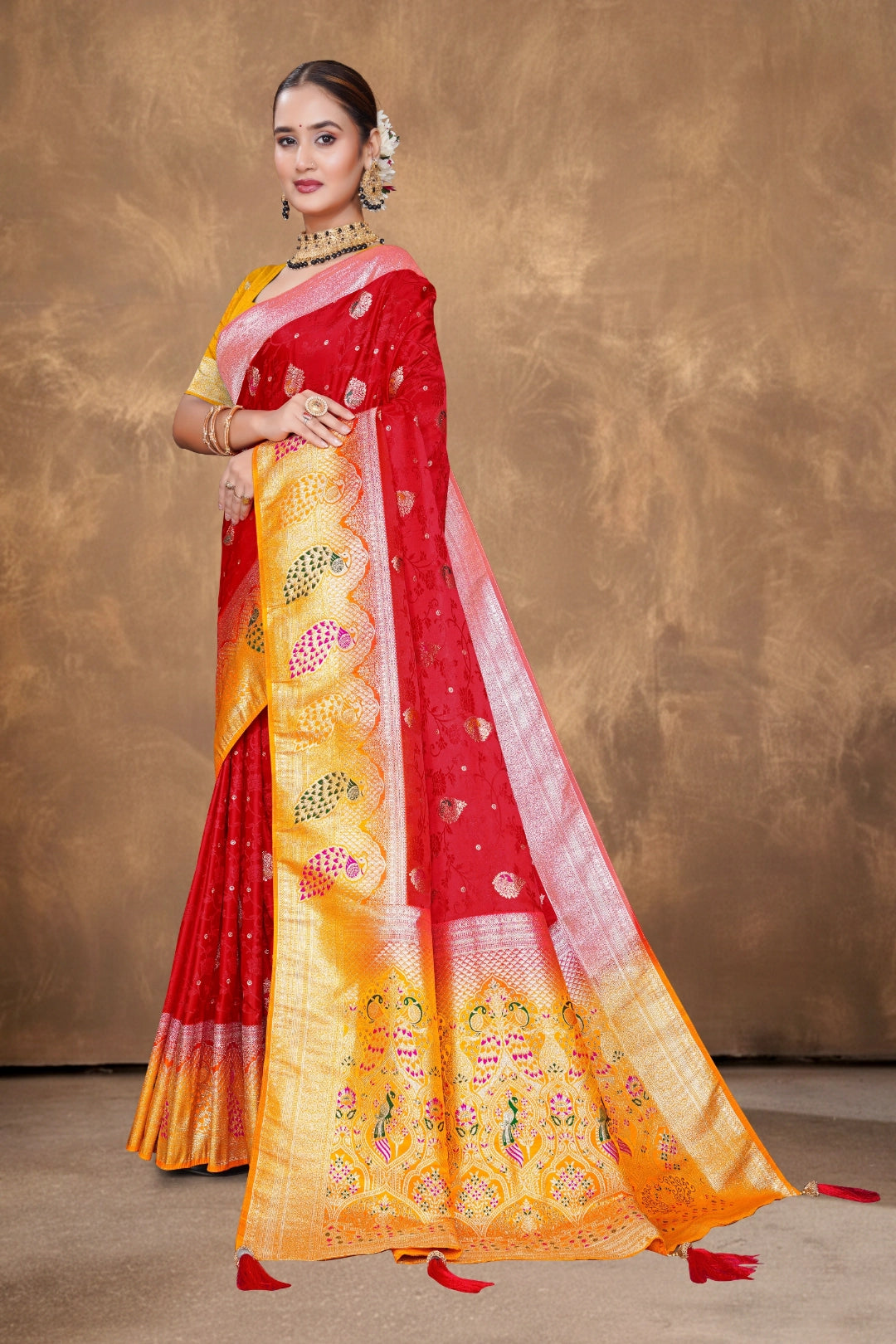 Red Banarasi Silk Satin Woven Saree