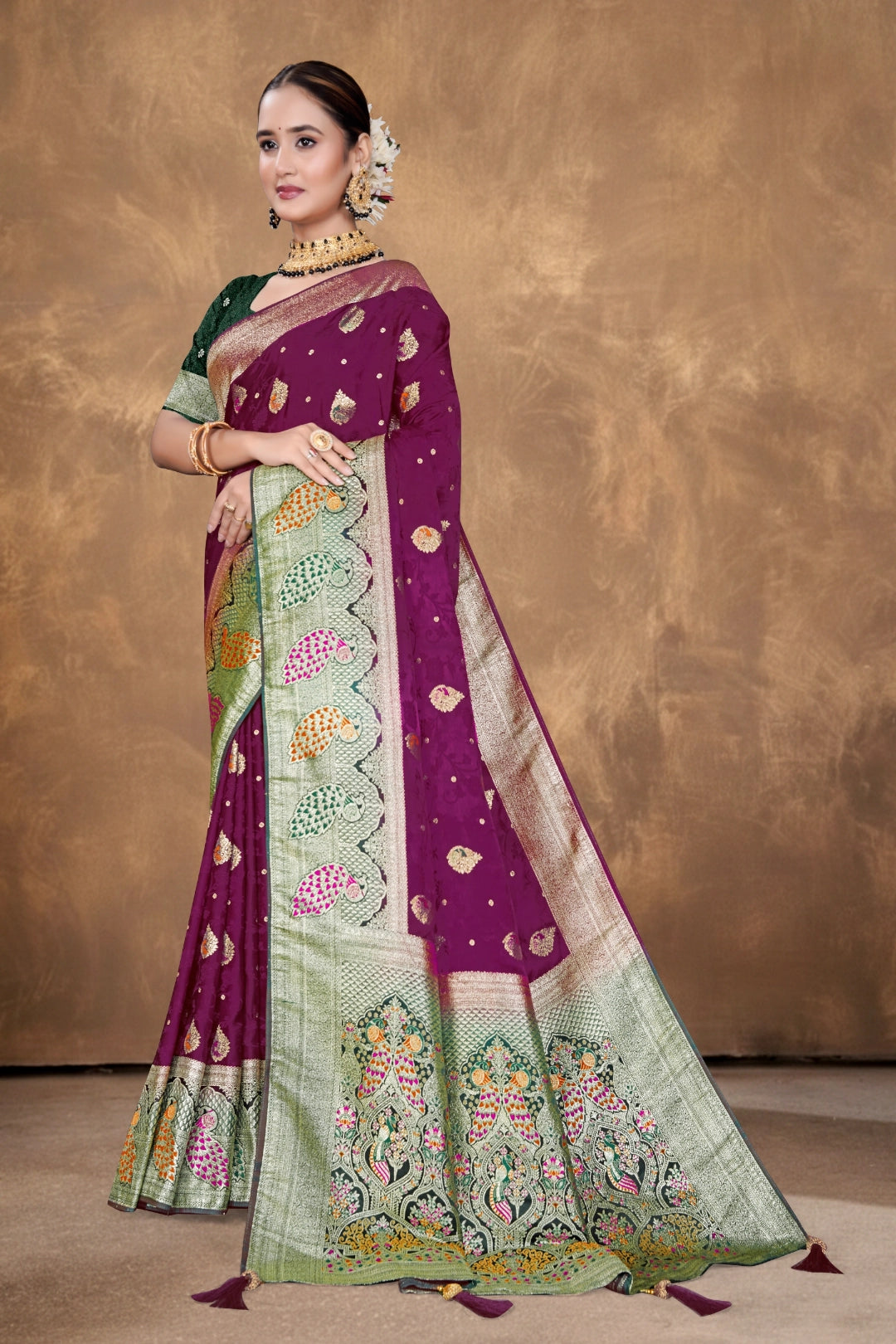 Wine Banarasi Silk Satin Woven Saree
