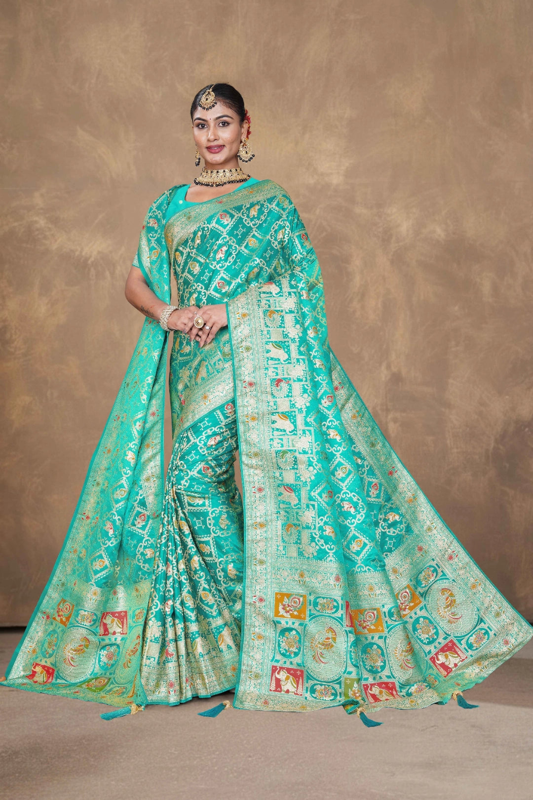 Aqua Green Elephant Heritage Woven Satin Saree with Dupatta