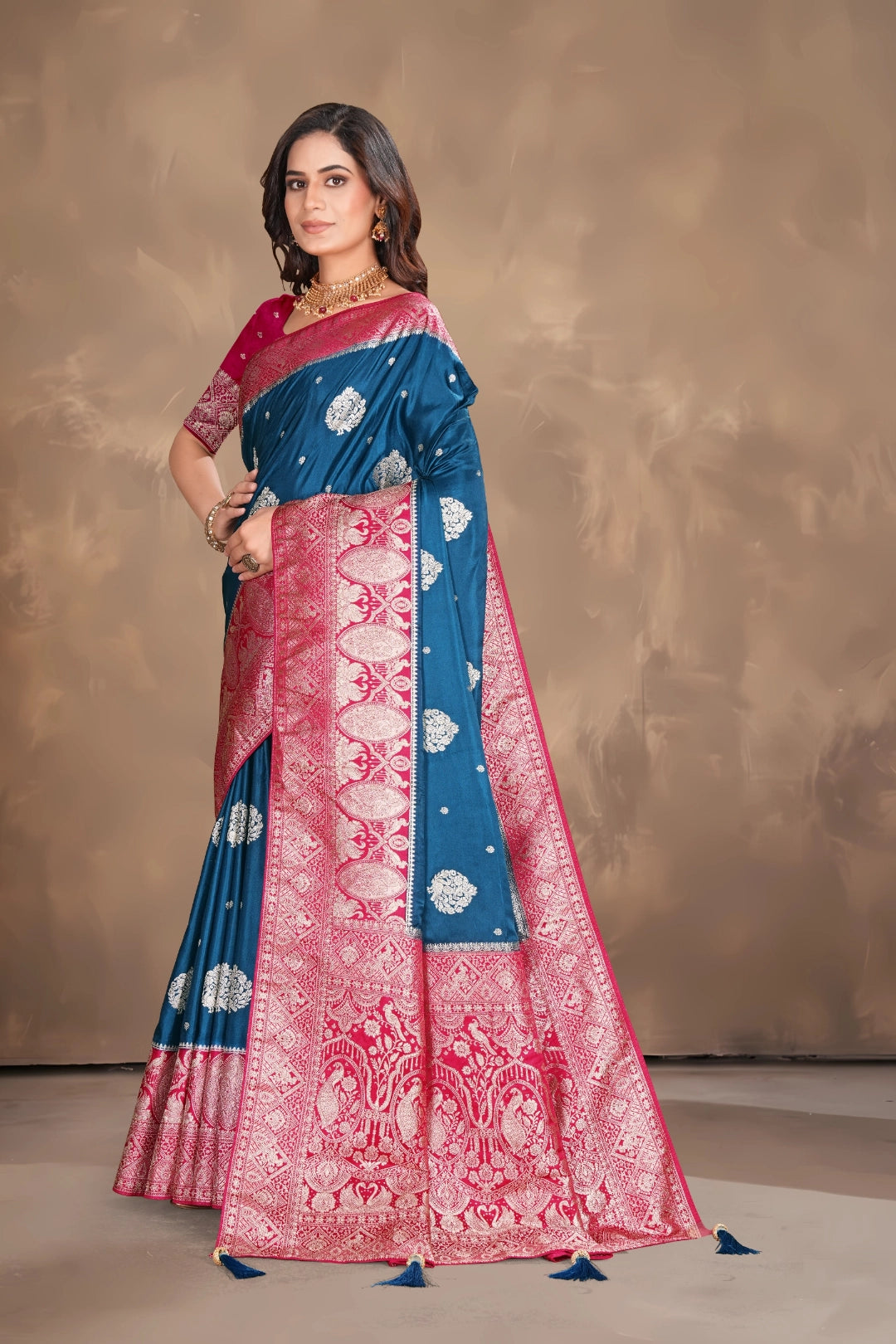Teal Blue Classic Banarasi Satin Silk Saree
