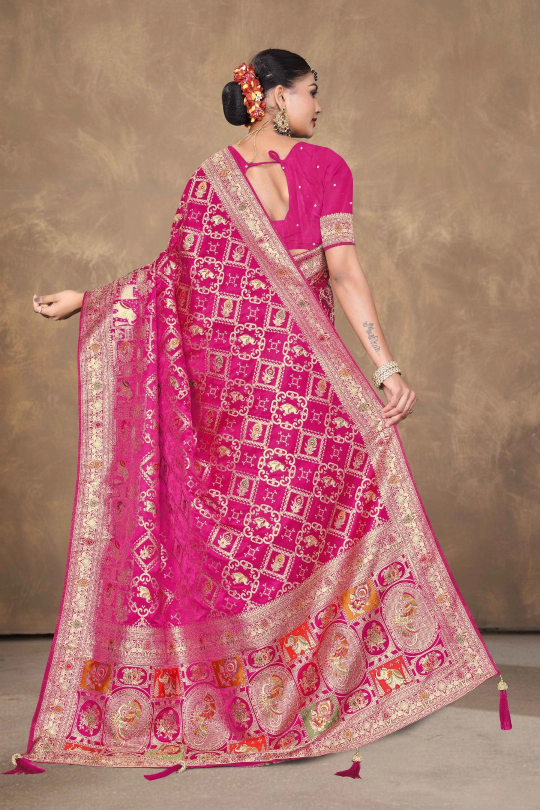 Rani Pink Elephant Heritage Woven Satin Saree with Dupatta