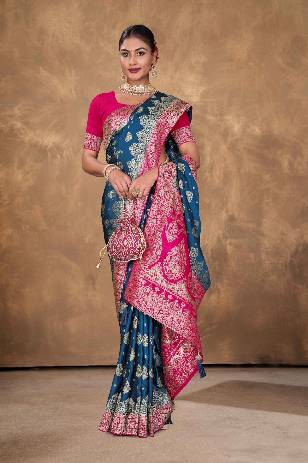 Navy Blue Satin Zari Woven Saree