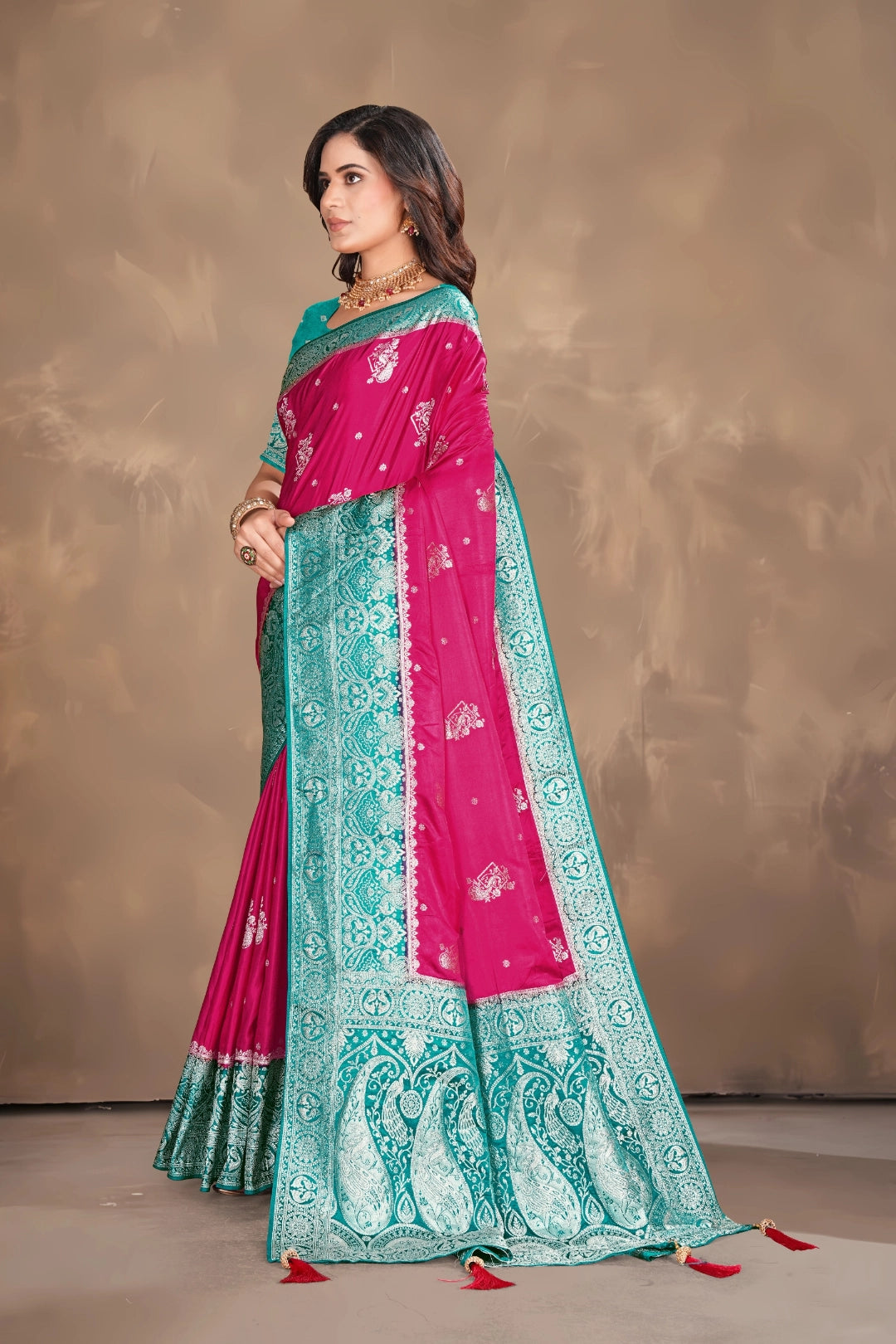 Rani Pink Satin Woven Saree