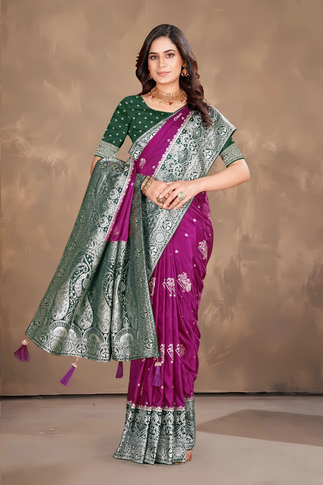 Deep Magenta Satin Woven Saree