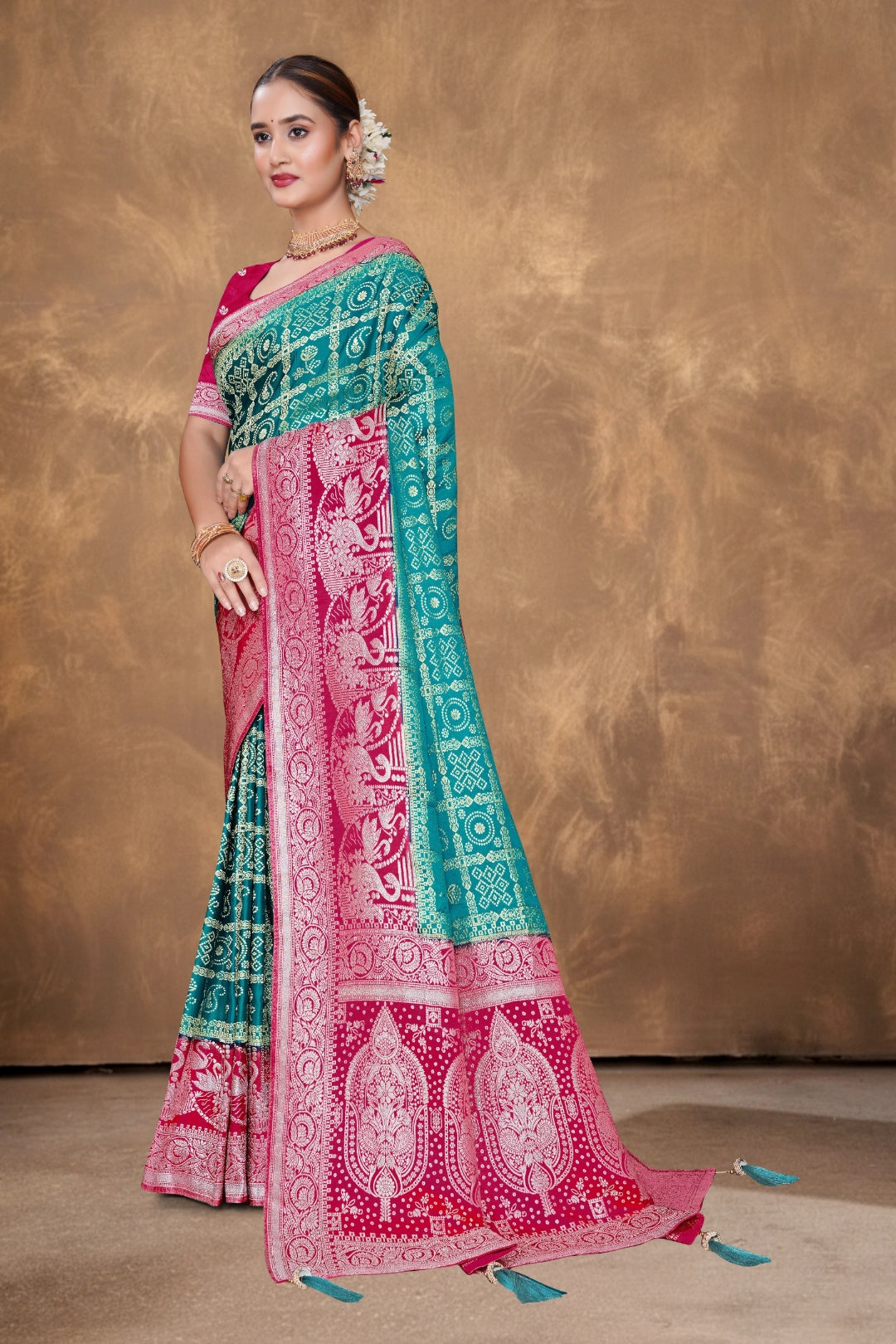 Rama Green & Rani Pink Satin saree