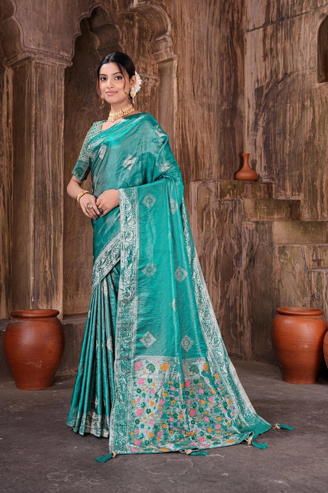 Rama Green Tissue Silk Satin Saree