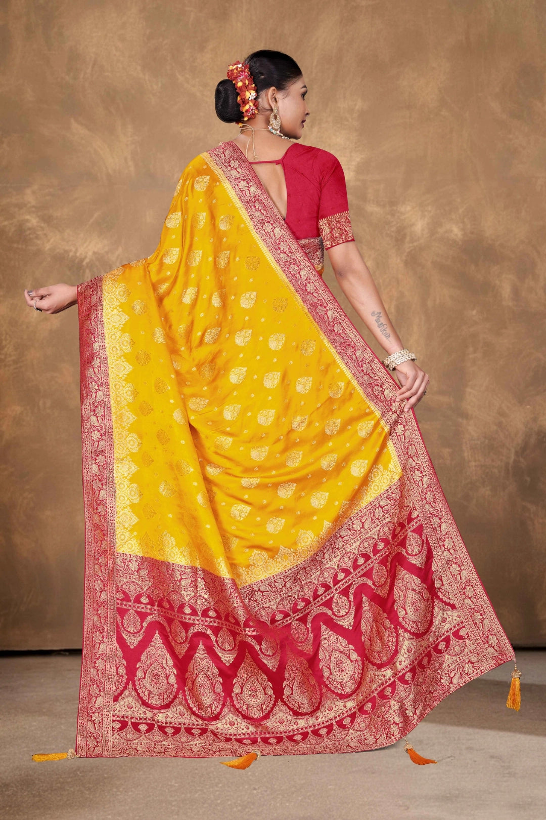 Mustard Yellow Satin Zari Woven Saree