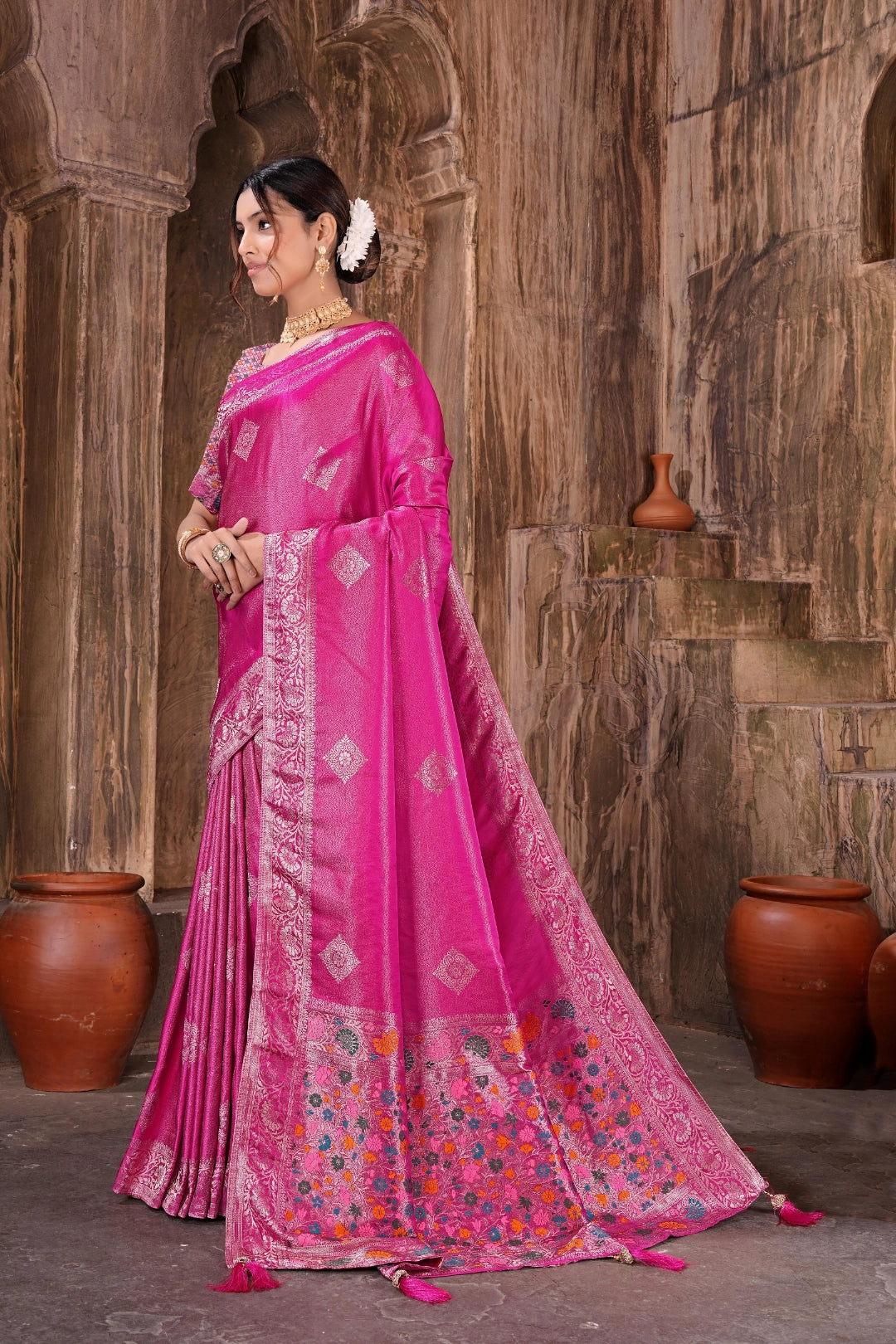 Rani Pink Tissue Silk Satin Saree