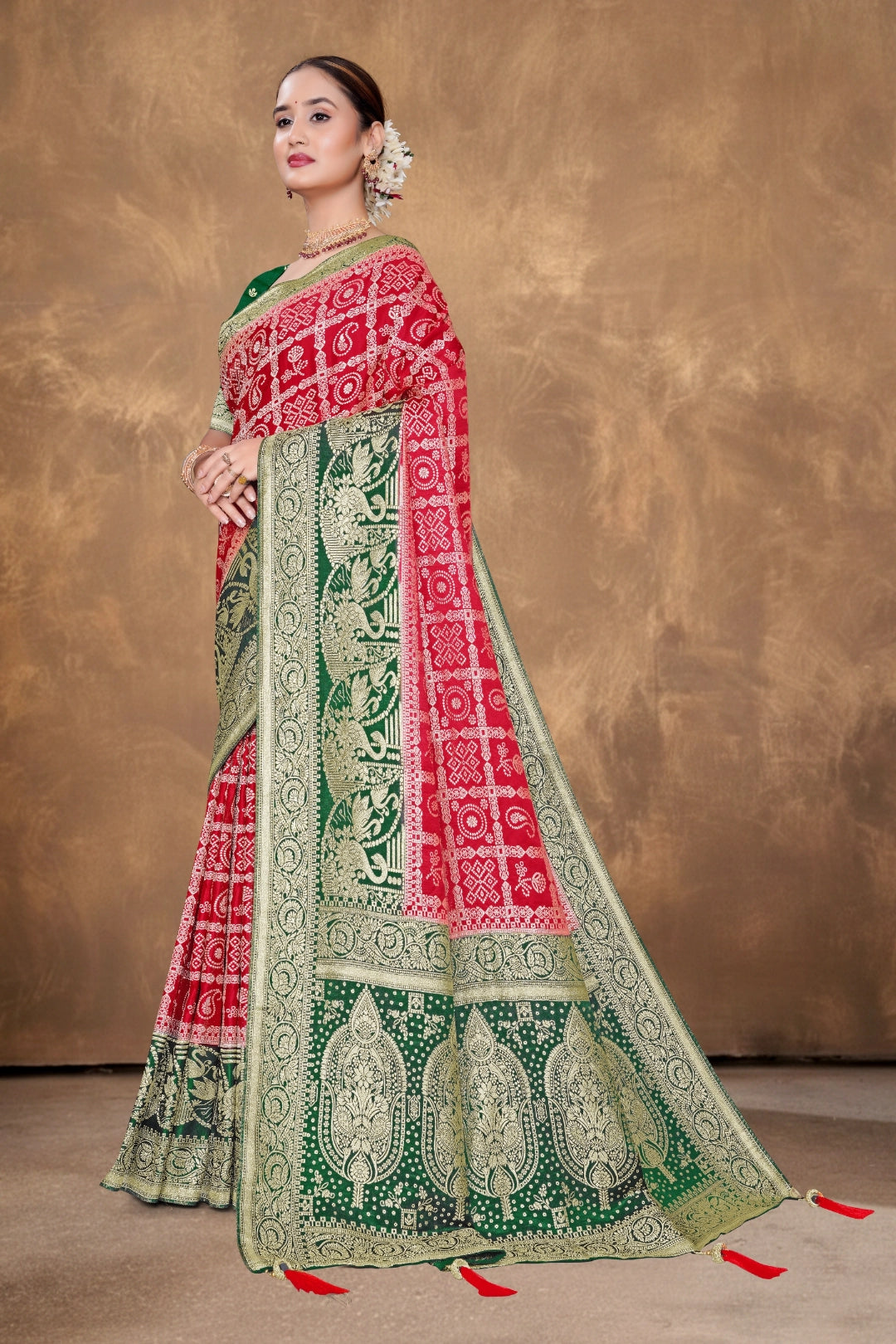 Festive Red-Green Woven Satin Saree