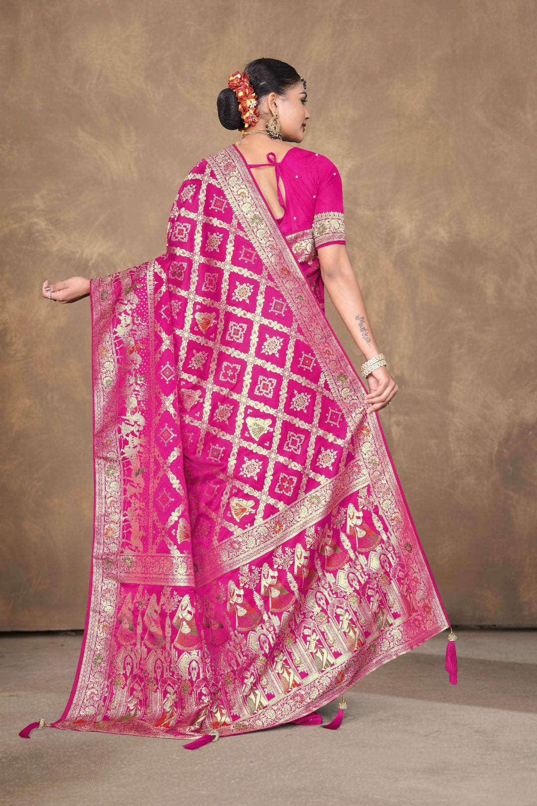 Rani Pink Royal Jaal Woven Satin Saree with Dupatta