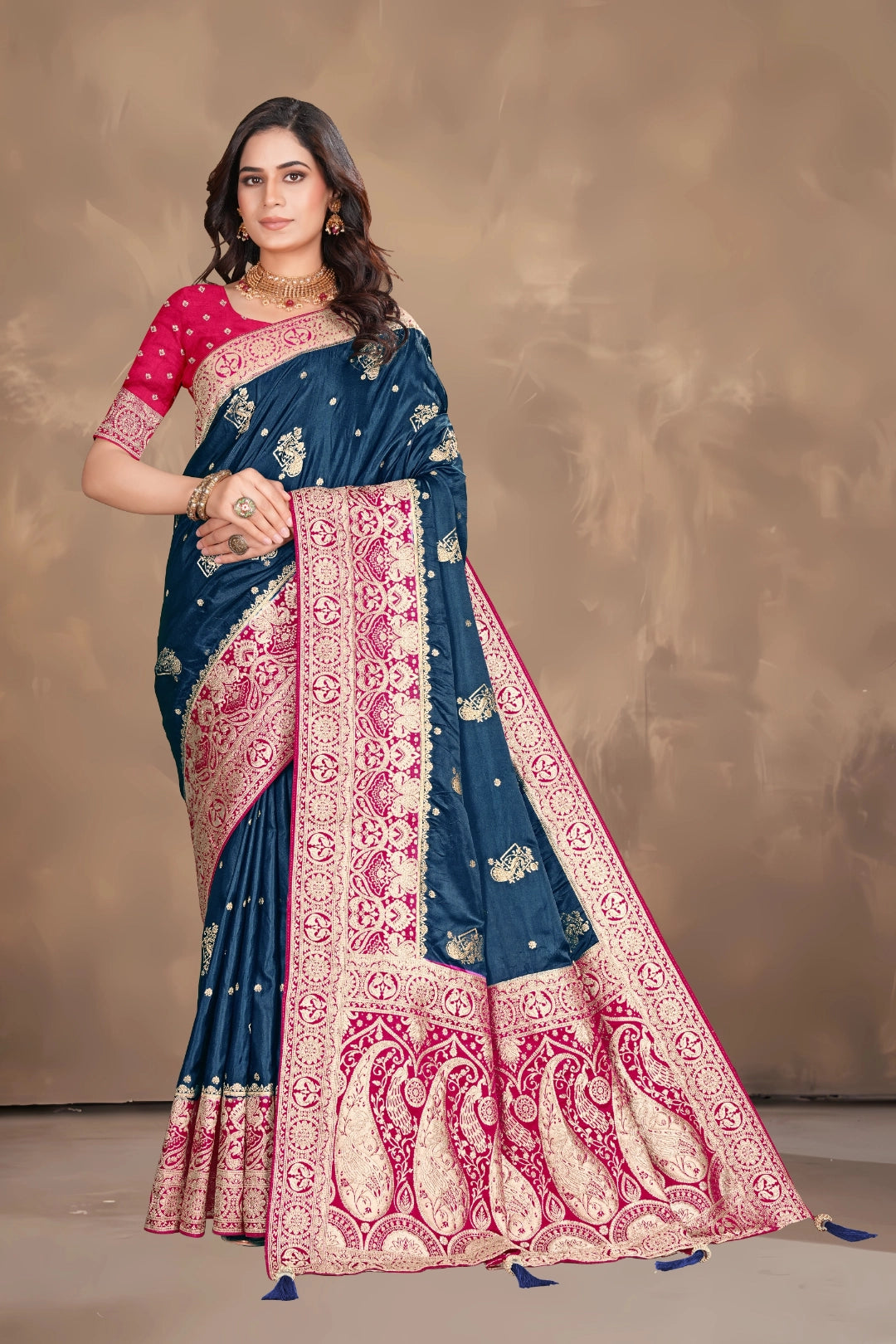 Navy Blue Satin Woven Saree