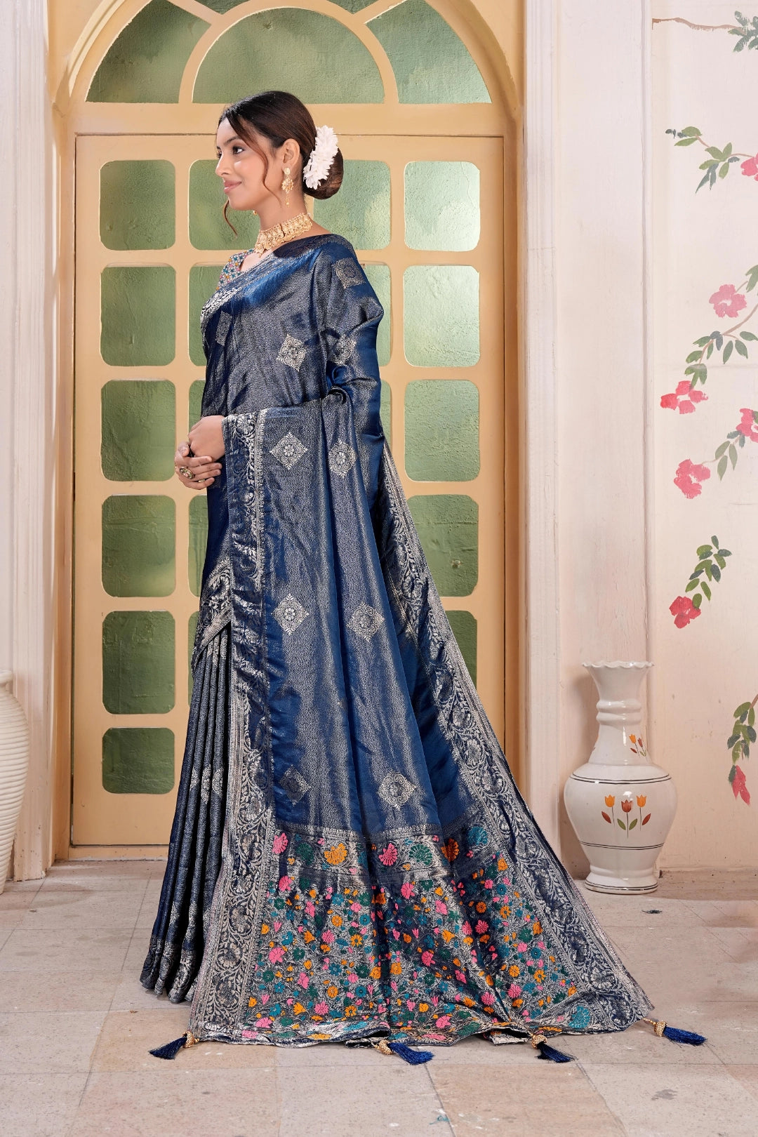 Teal Blue Tissue Silk Satin Saree