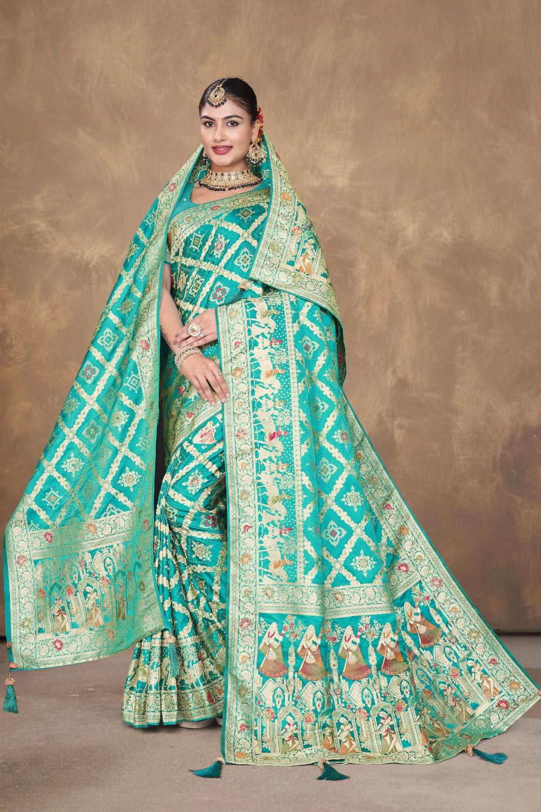Emerald Green Royal Jaal Woven Satin Saree with Dupatta