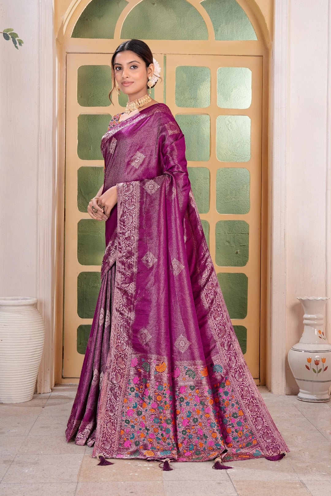 Wine Tissue Silk Satin Saree