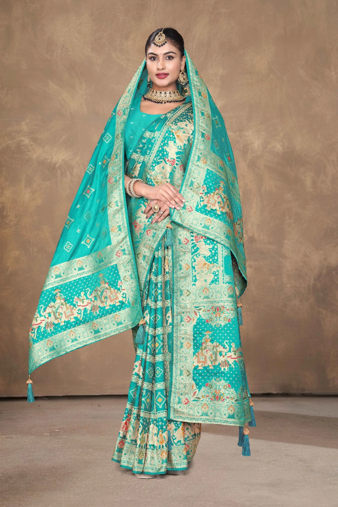 Turquoise Blue Royal Panel Woven Satin Saree with Dupatta