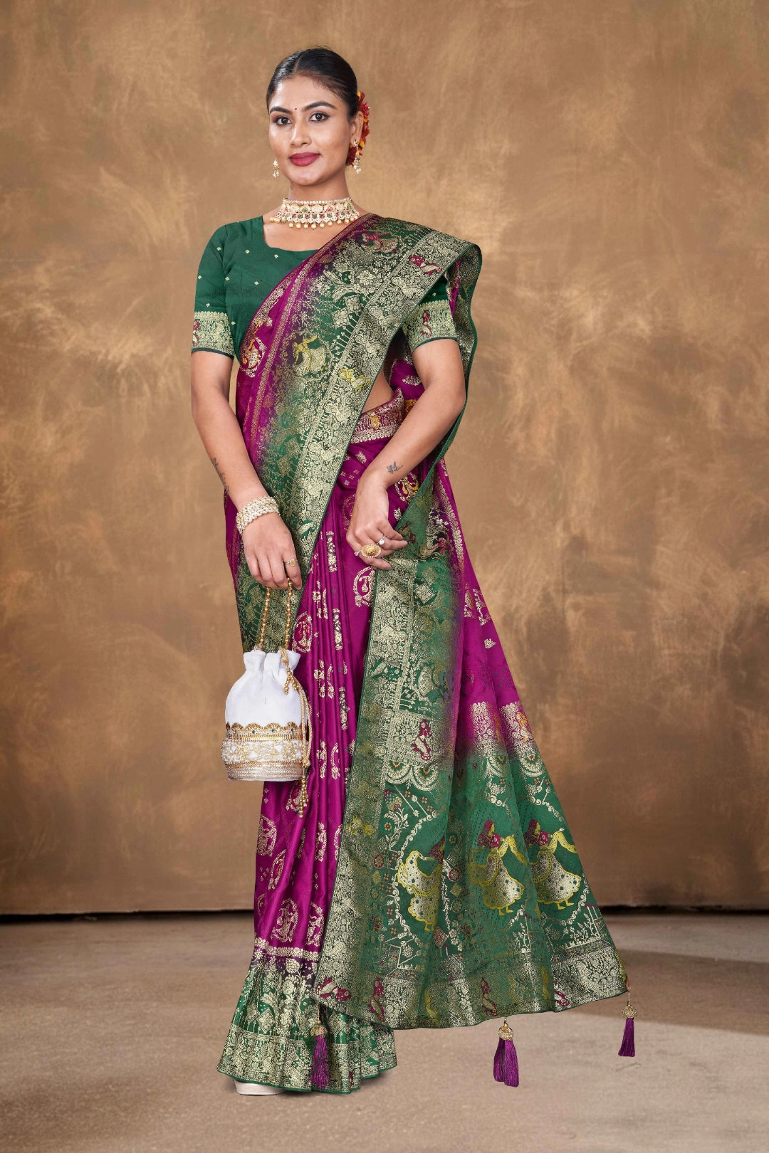 Deep Magenta Satin Woven Saree