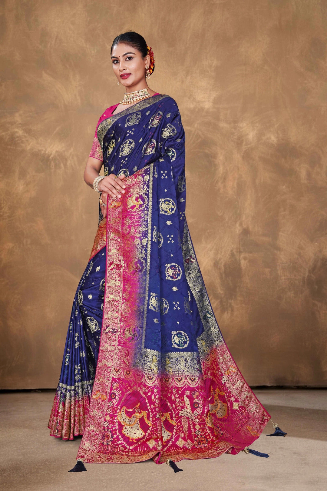 Royal Blue Satin Woven Saree