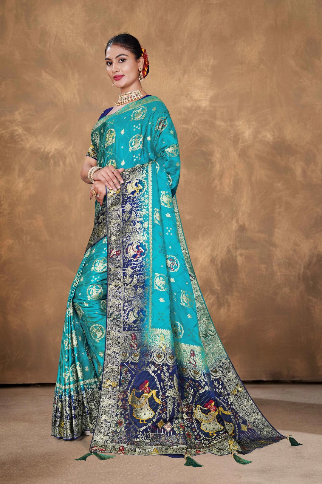 Turquoise Blue Satin Woven Saree