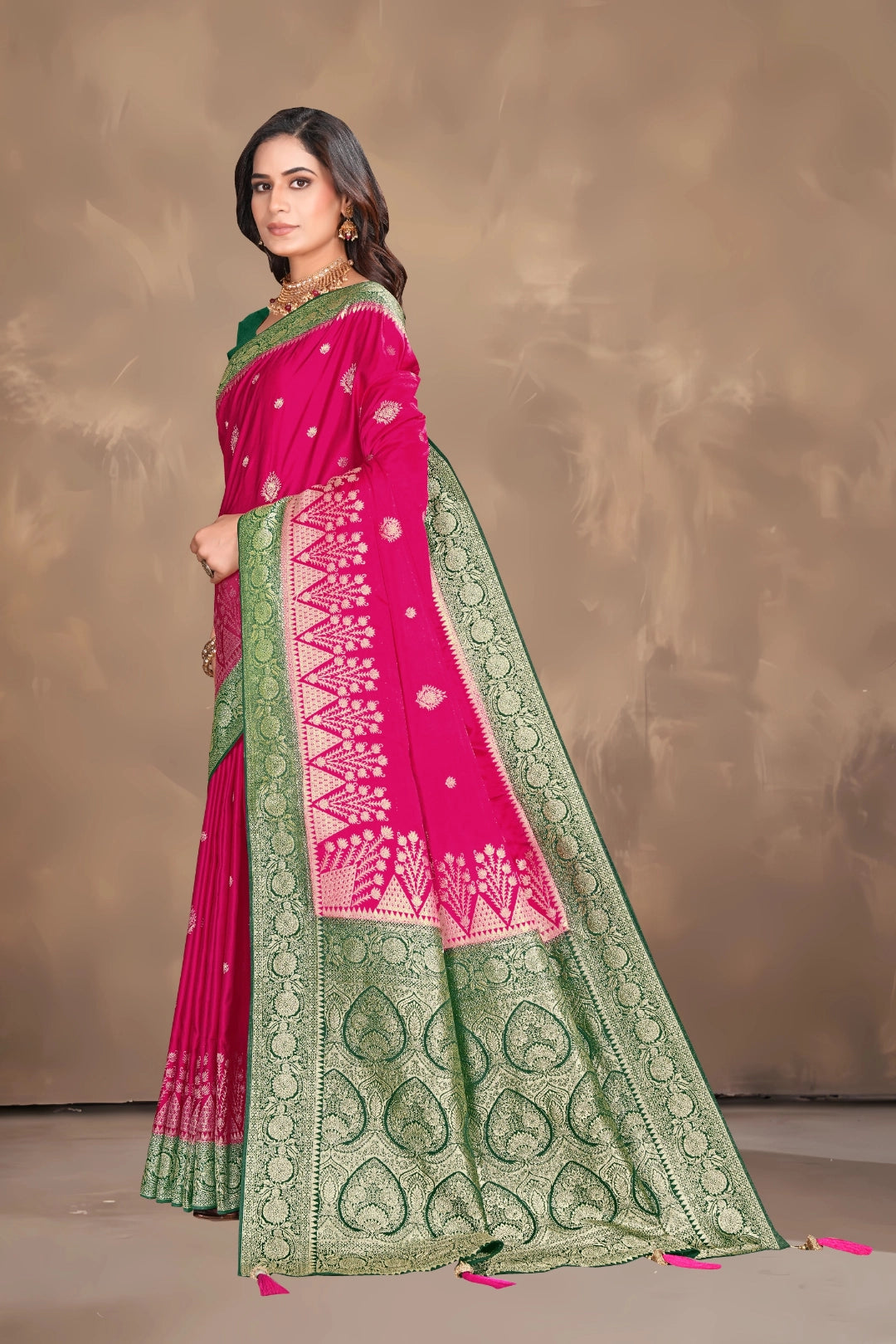 Rani Pink Satin Woven Saree