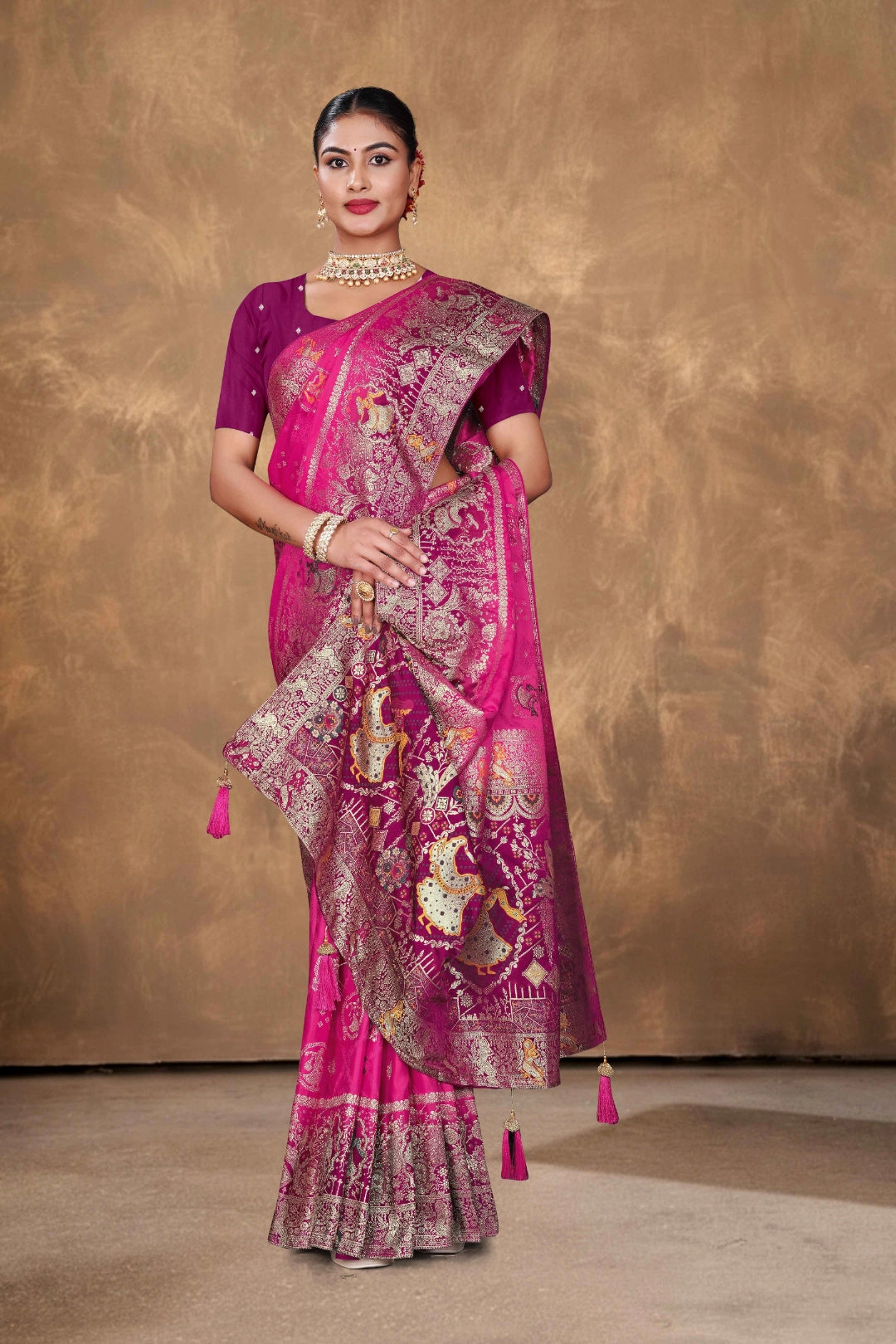 Rani Pink Satin Woven Saree