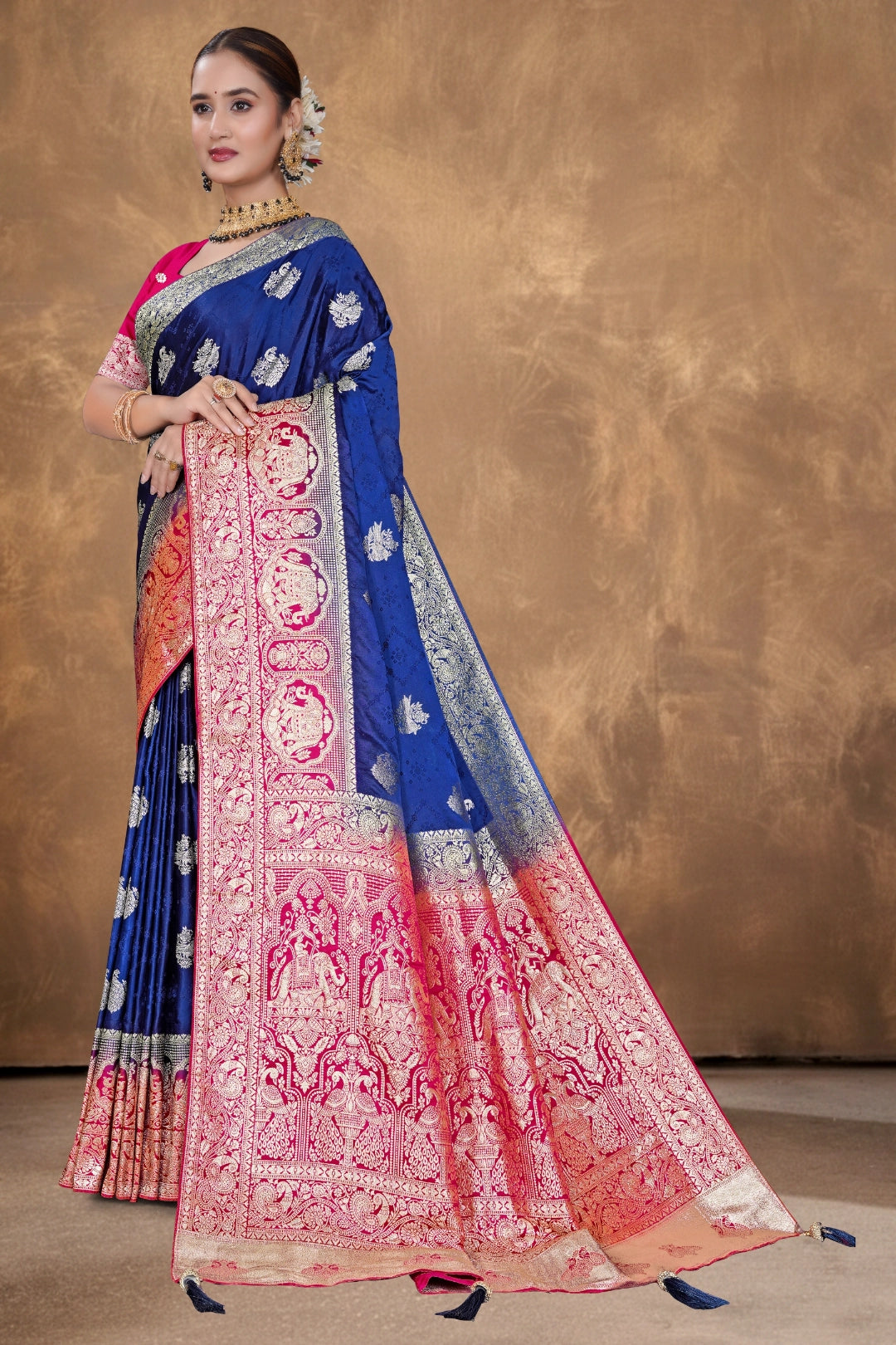 Midnight Navy Satin Woven Saree