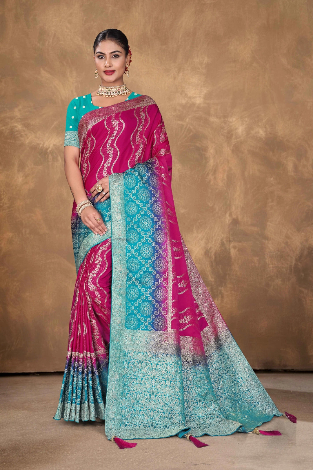 Rani Pink Banarasi Satin Woven Saree
