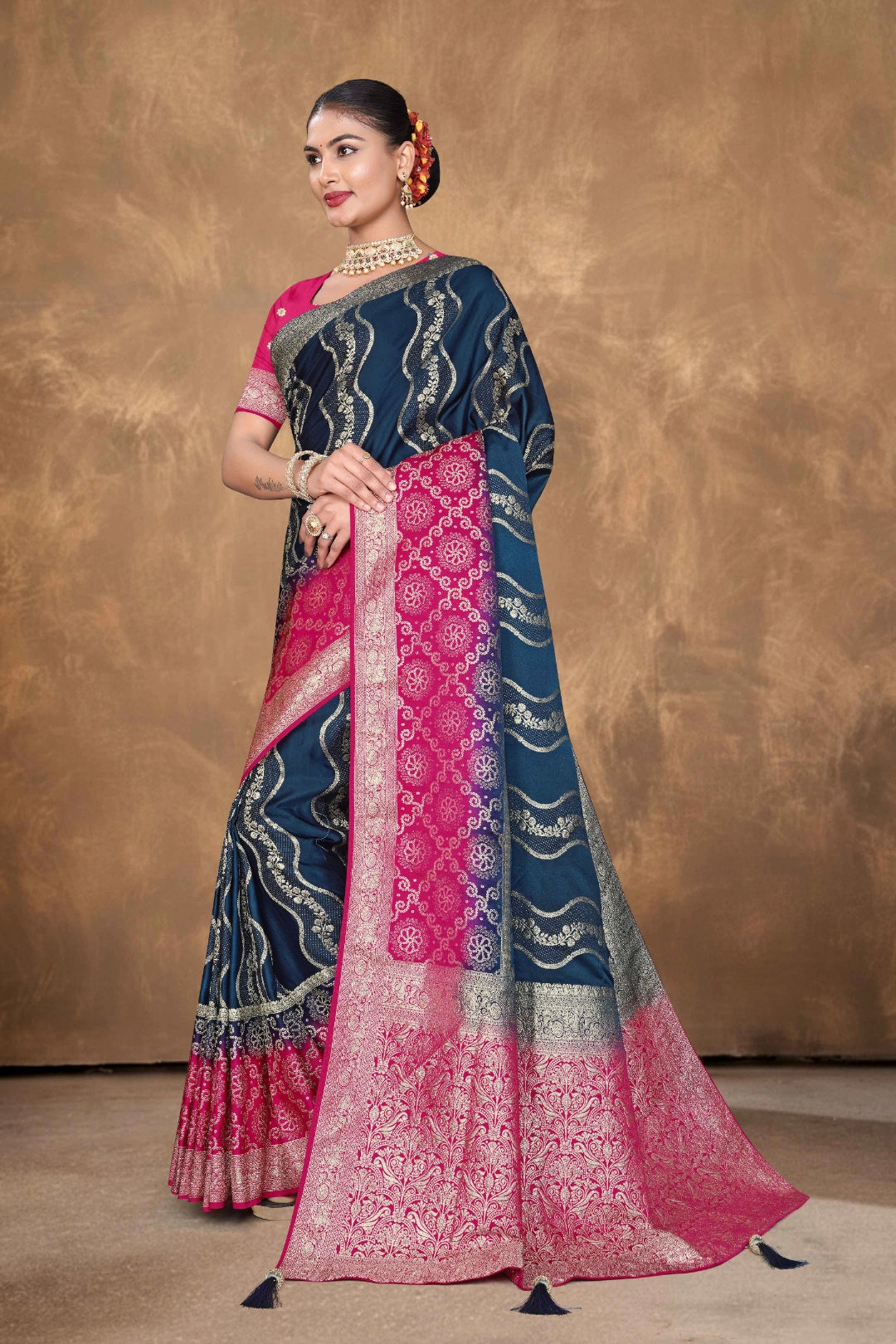 Navy Blue Banarasi Satin Woven Saree