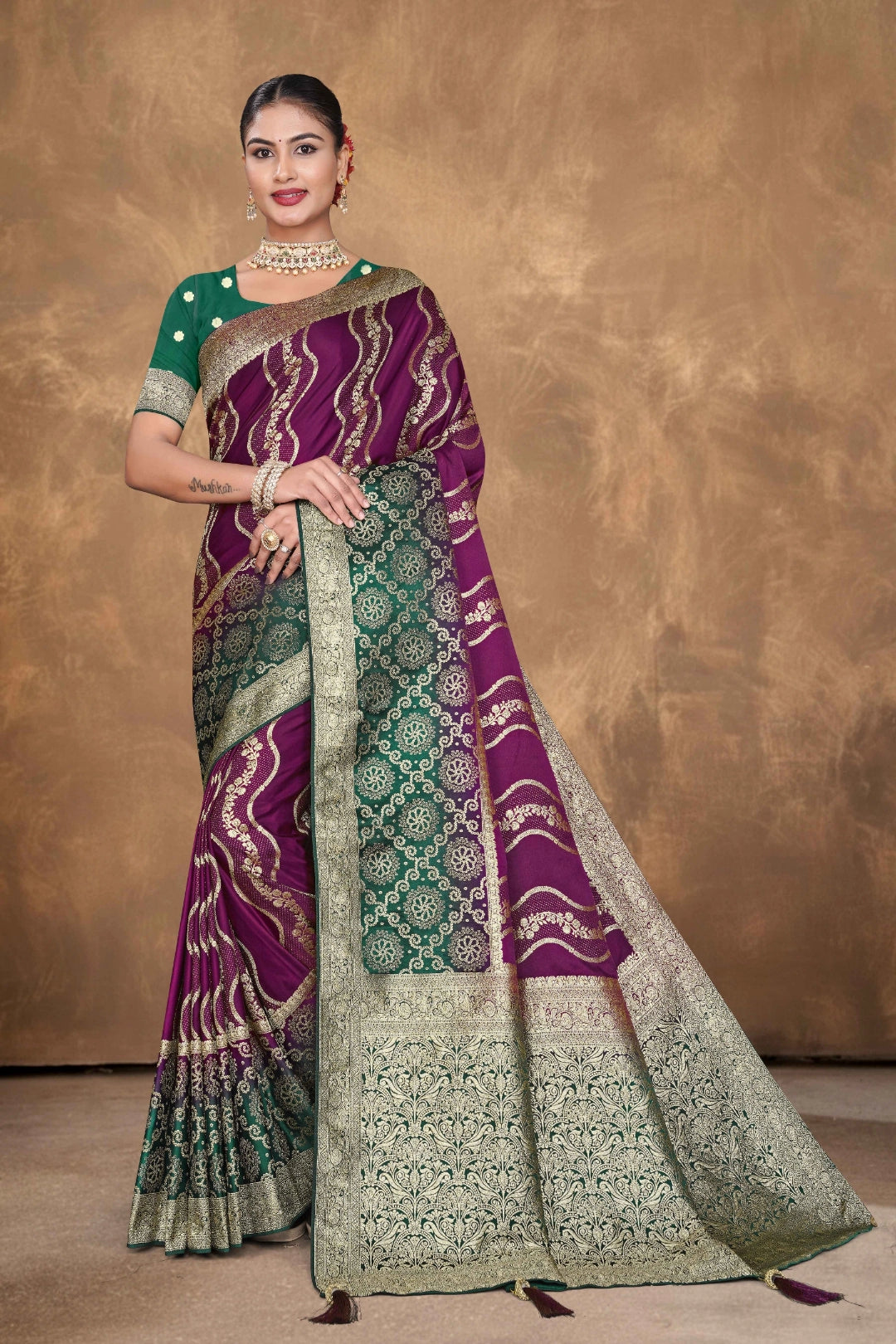 Wine & Bottle Green Banarasi Satin Woven Saree