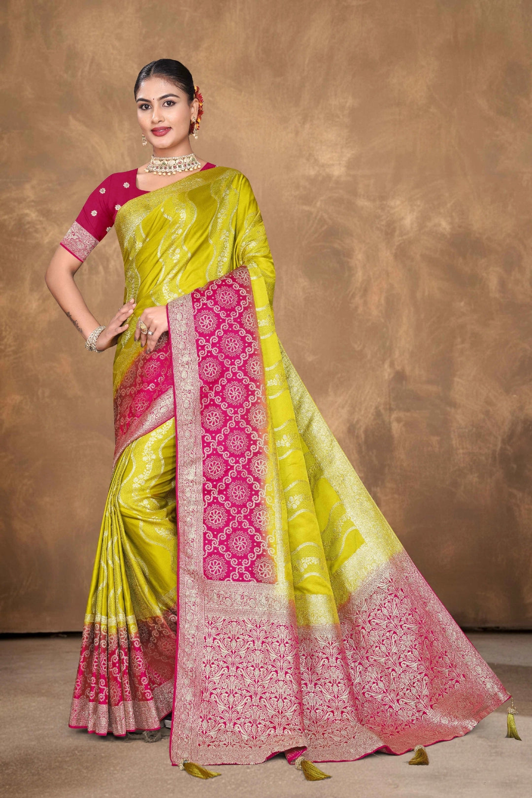 Lime Yellow Banarasi Satin Woven Saree