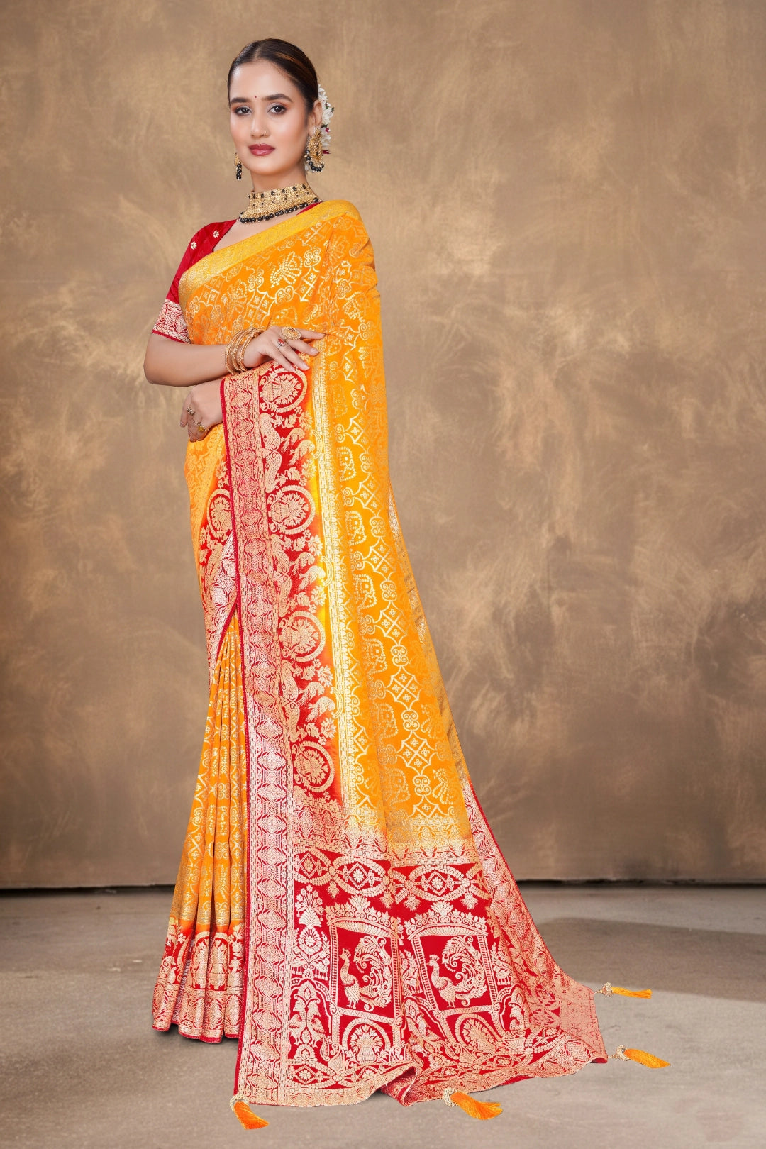 Kesariya Gold Zari Woven Saree