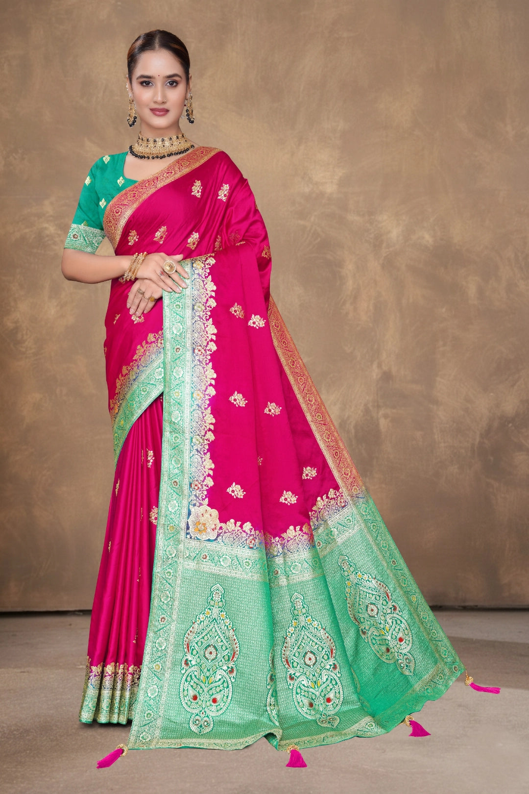 Rani Pink Satin Woven Saree