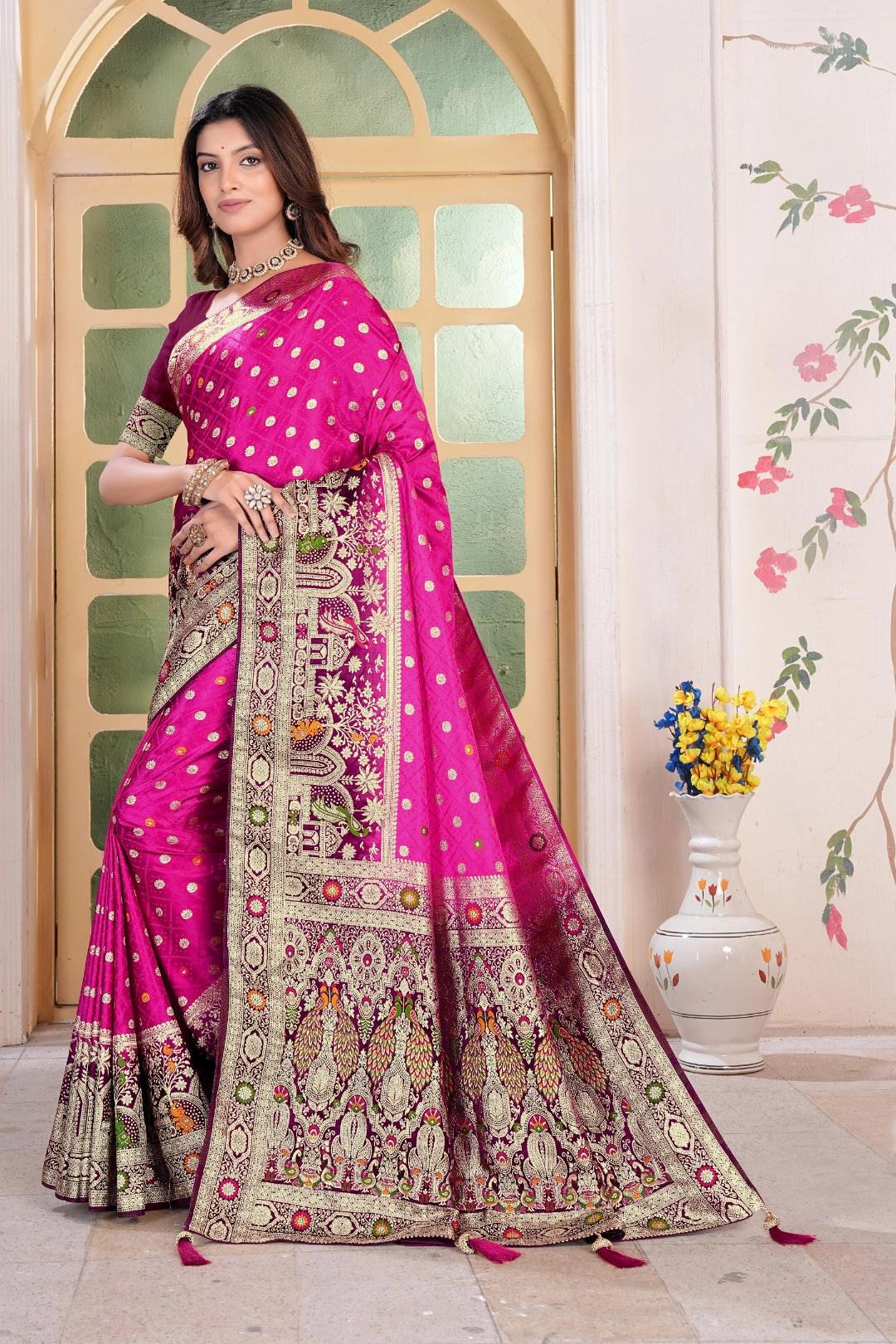 Cherry Banarsi Silk Satin Woven Saree
