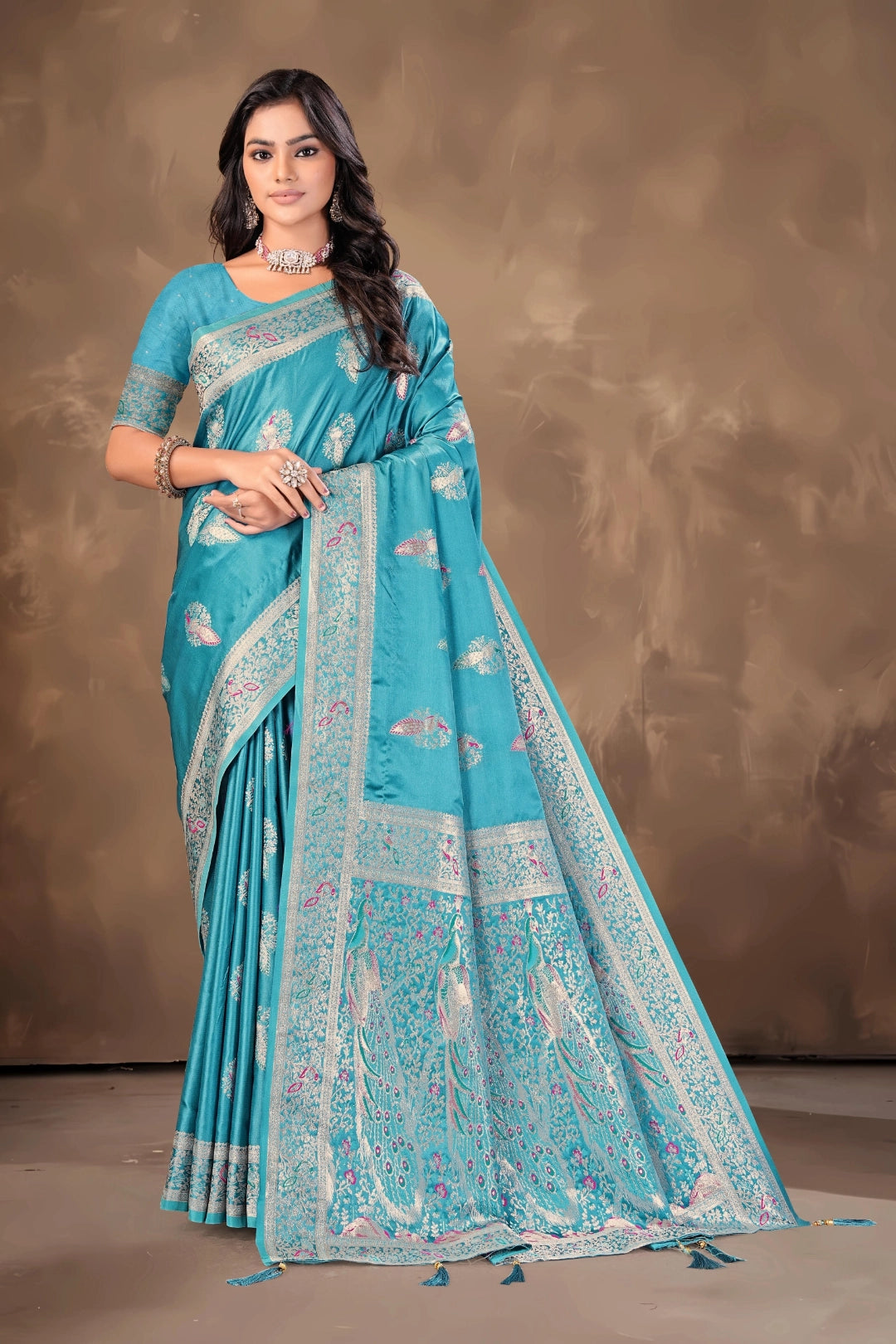 Rama Green Top Dyed Satin Saree