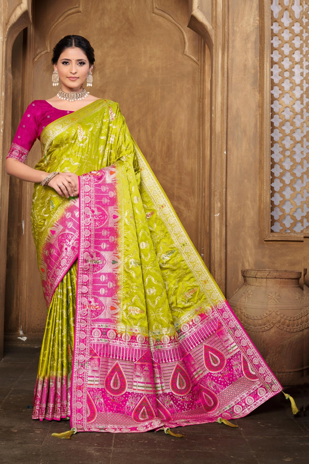 Parrot Green Banarsi Silk Satin Woven Saree