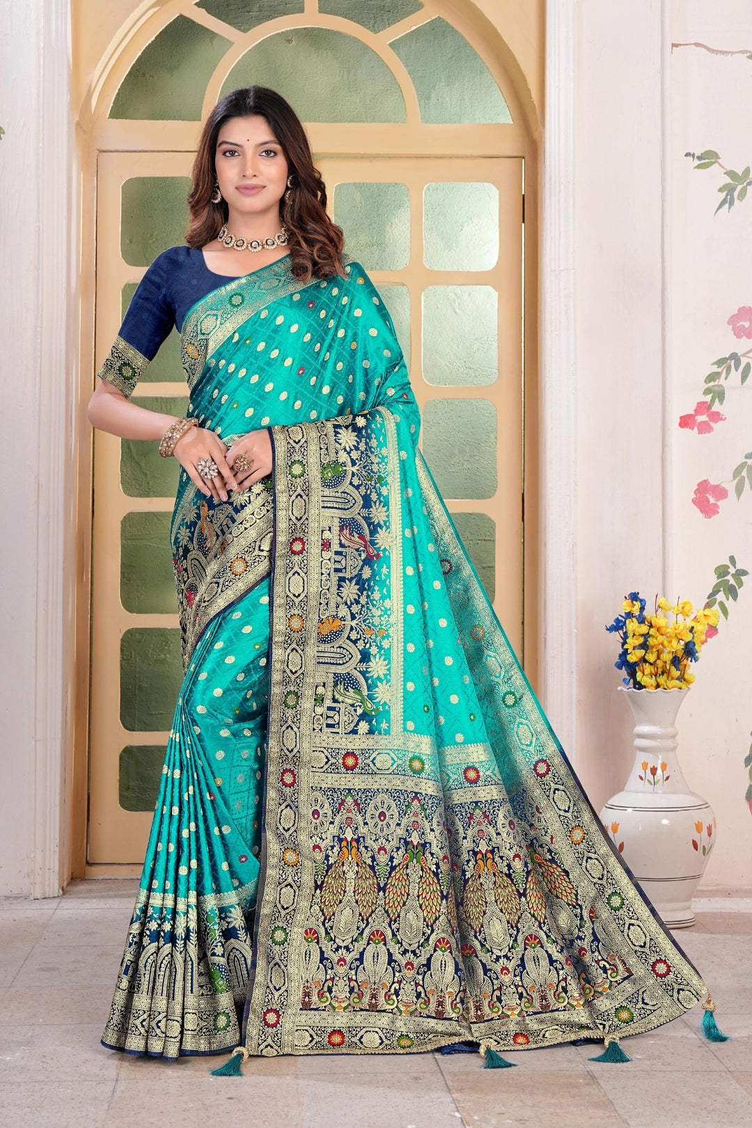 Sapphire Blue Banarsi Silk Satin Woven Saree