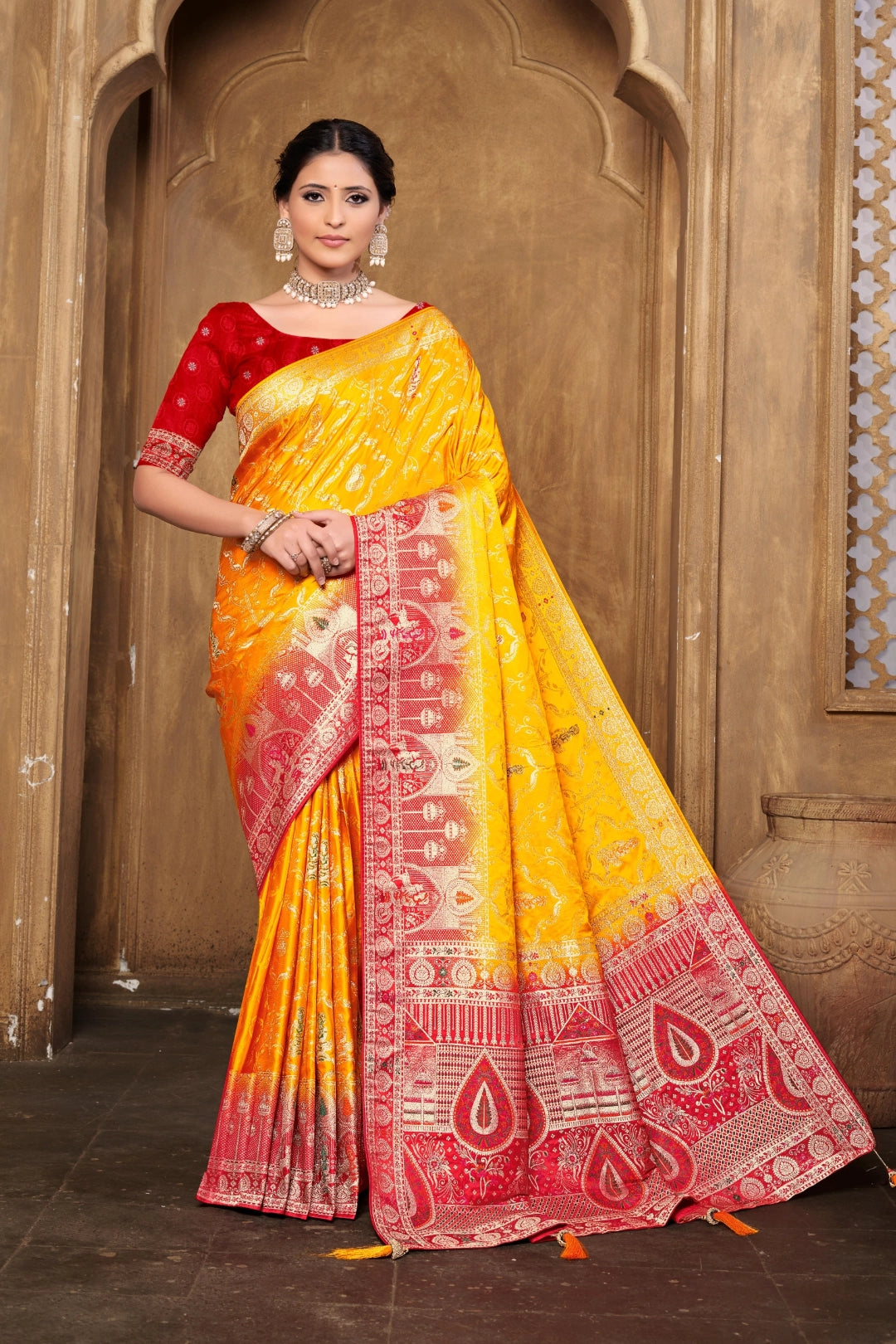 Gold Banarsi Silk Satin Woven Saree
