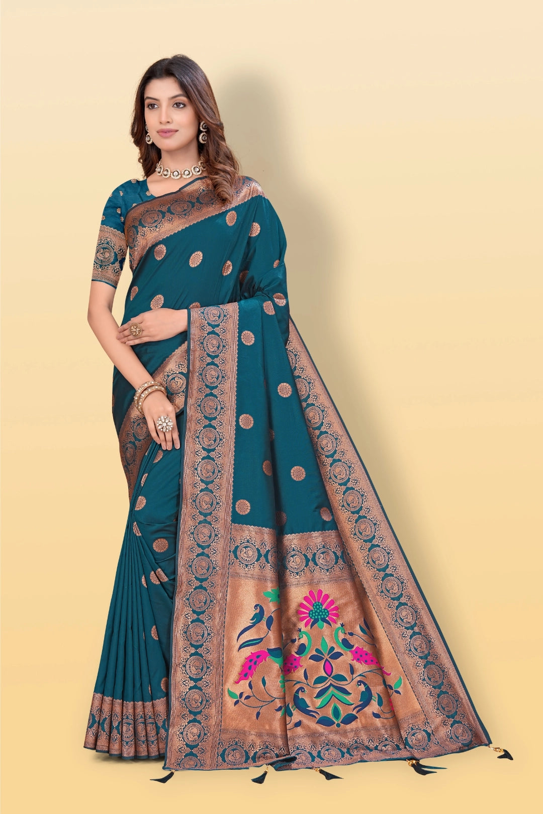 Teal Blue Banarsi Paithini Silk Saree