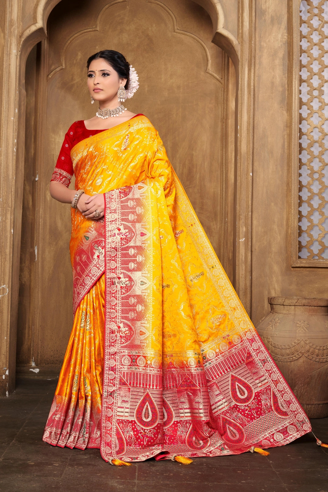 Gold Banarsi Silk Satin Woven Saree