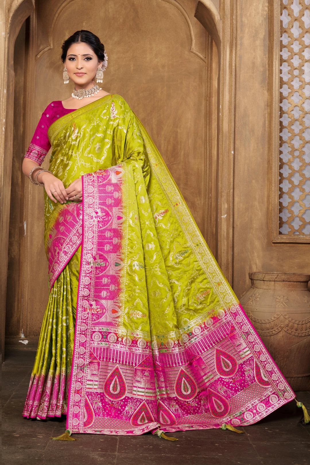 Parrot Green Banarsi Silk Satin Woven Saree