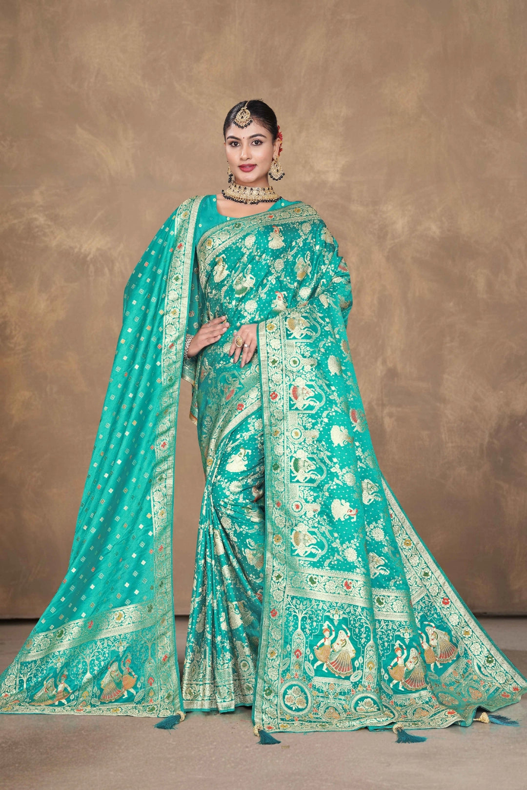 Emerald Green Royal Heritage Satin Saree with Dupatta