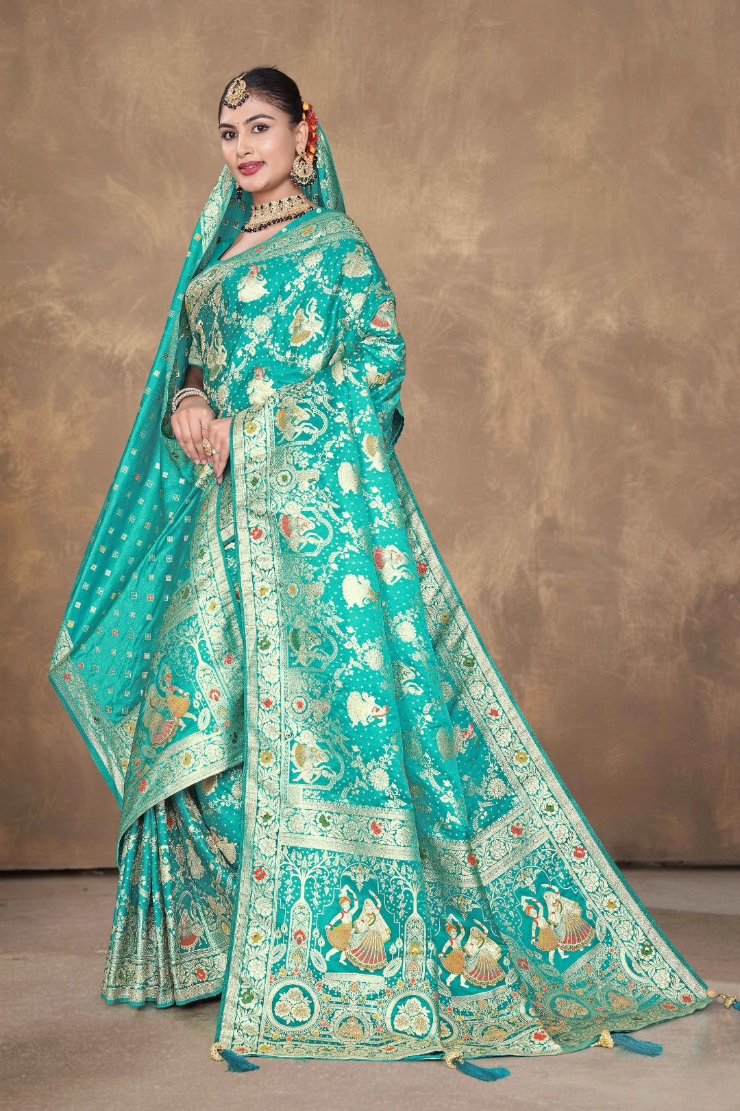 Emerald Green Royal Heritage Satin Saree with Dupatta