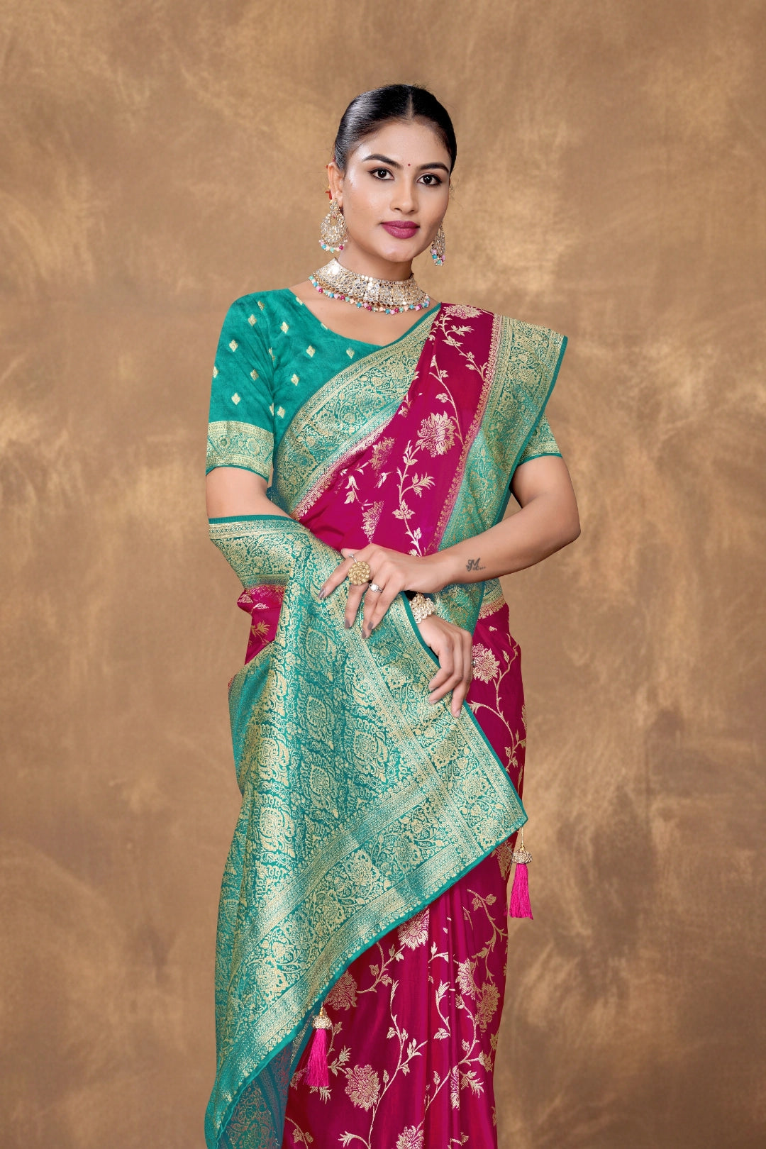 Rani Pink Satin Woven Saree