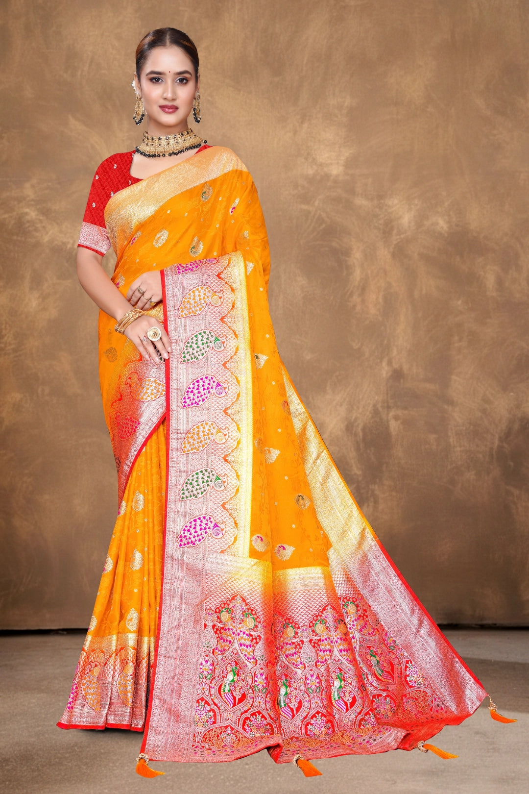 Gold Banarasi Silk Satin Woven Saree
